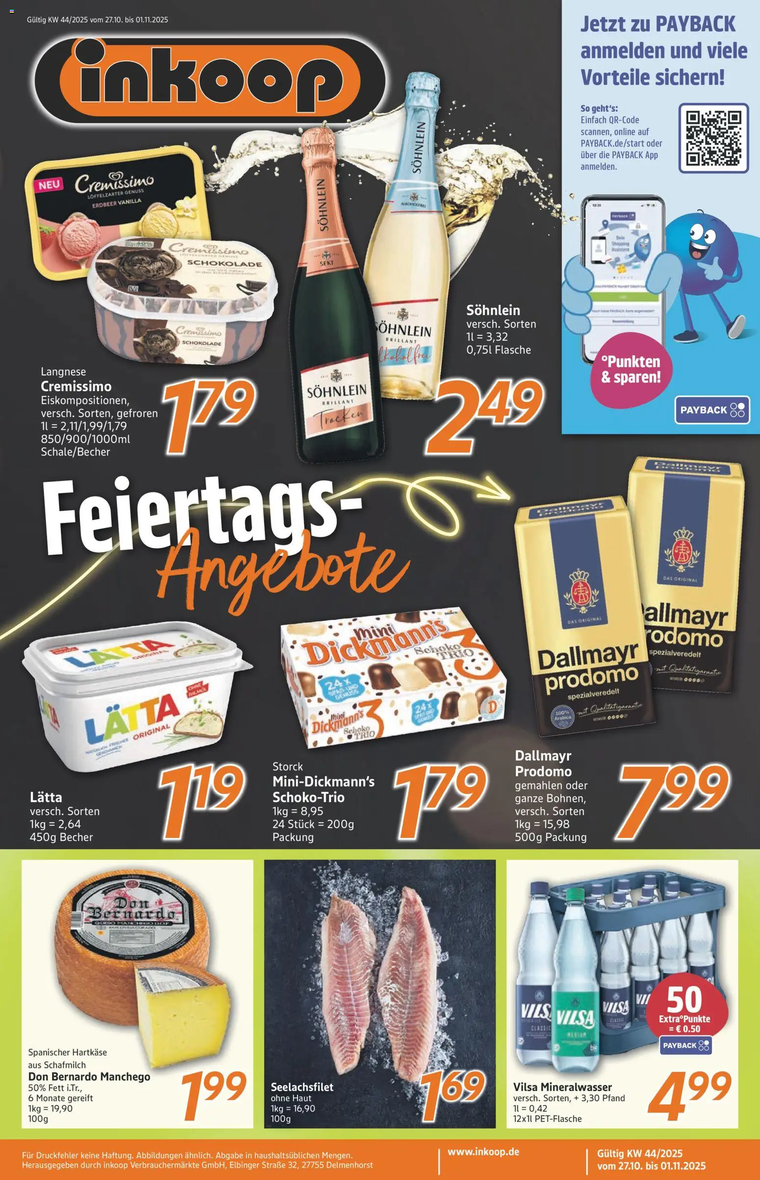 Vorschau von dem Prospekt des Geschäftes Inkoop, gültig ab dem 27.10.2025 - Schokolade, Mineralwasser, Dallmayr, Sekt, Langnese, Cremissimo, Lätta, Langnese cremissimo