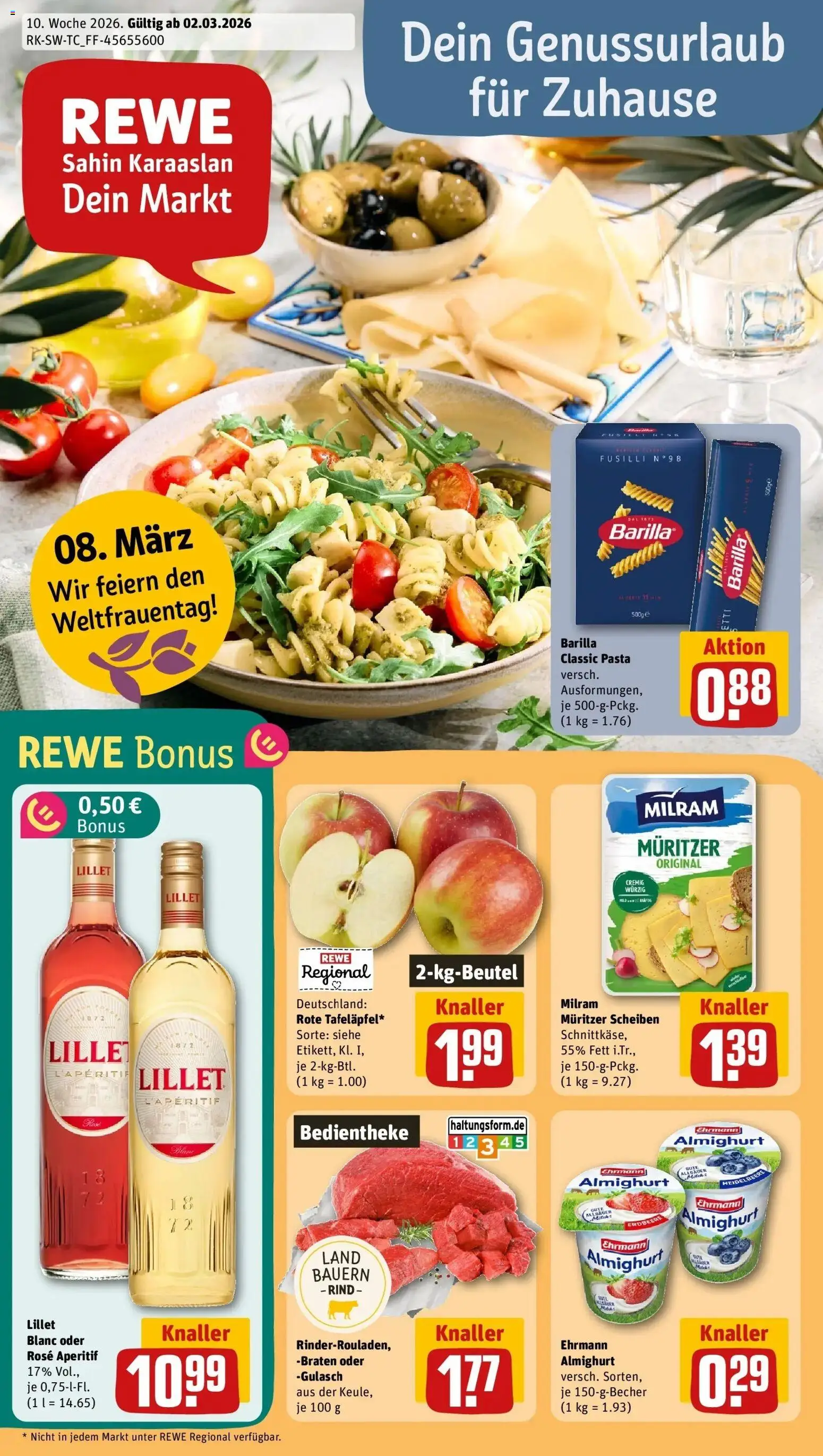 Vorschau von dem Prospekt des Geschäftes Rewe, gültig ab dem 02.03.2026 - Lillet, Pasta, Gulasch, Barilla, Milram, Ehrmann almighurt