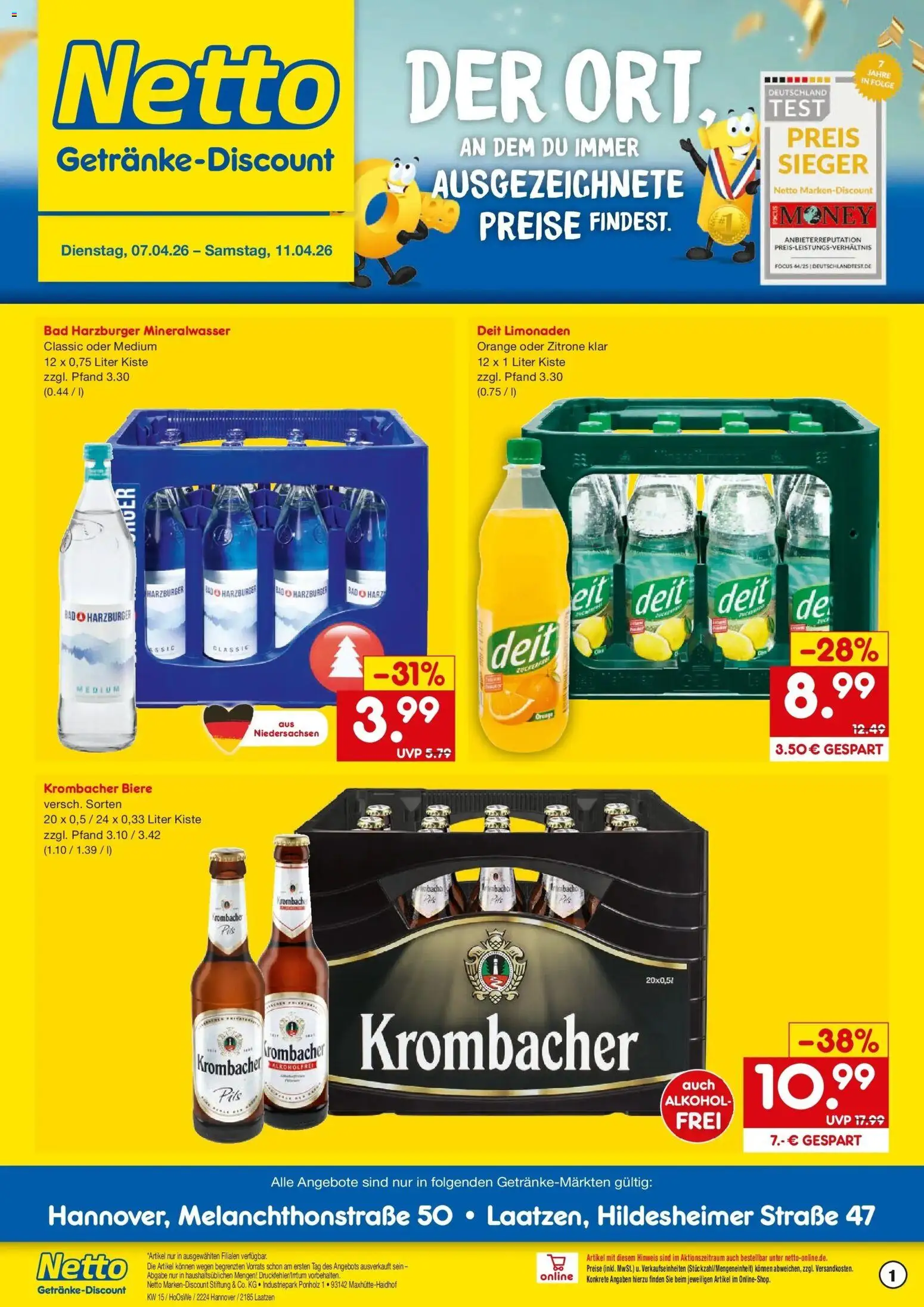 Vorschau von dem Prospekt des Geschäftes Netto Marken-Discount, gültig ab dem 07.04.2026 - Bad, Mineralwasser, Alkohol, Krombacher, Zitrone, Pils, Krombacher alkoholfrei