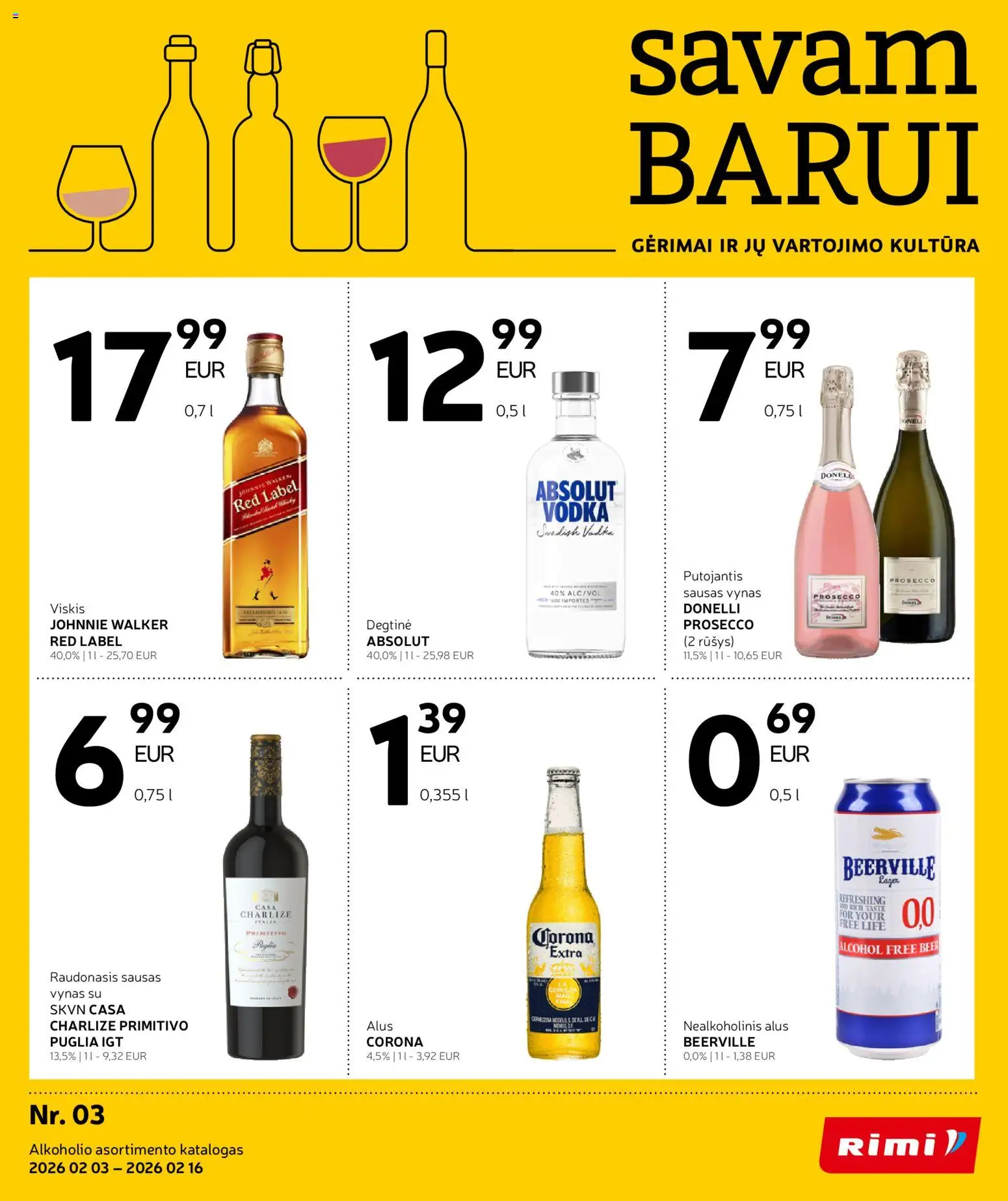 Rimi parduotuvės leidinio Leidinys - Alkoholinių gėrimų galiojančio nuo 2026.02.03 peržiūra - Alus, Viskis, Vynas, Degtinė, Nealkoholinis alus