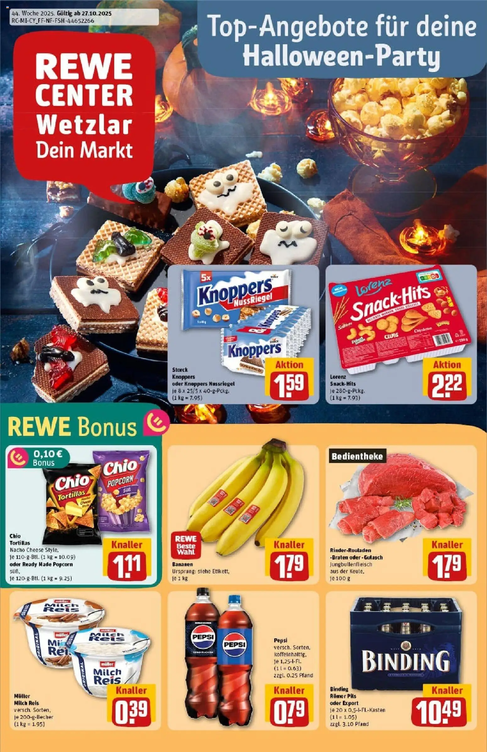 REWE Prospekt ab 26.10.2025 nächste Woche - Prospekt Wetzlar - Gulasch, Tortillas, Rinderrouladen, Milch, Popcorn, Knoppers, Pepsi, Pils