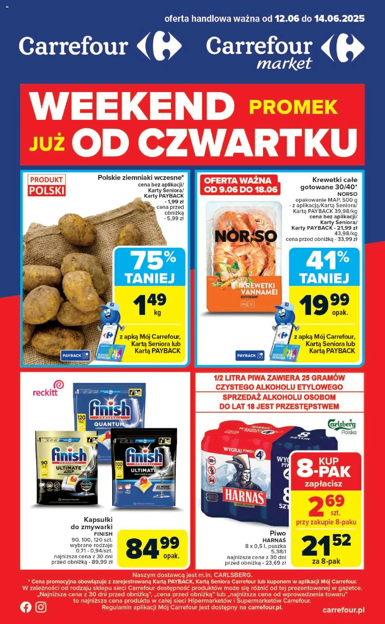Carrefour Weekend promek już od czwartku od 12.06.2025 - Nowa Gazetka - Numer strony 1 - Piwo, Kapsułki do zmywarki, Finish, Krewetki, Harnaś, Krewetki vannamei, Karta, Carlsberg