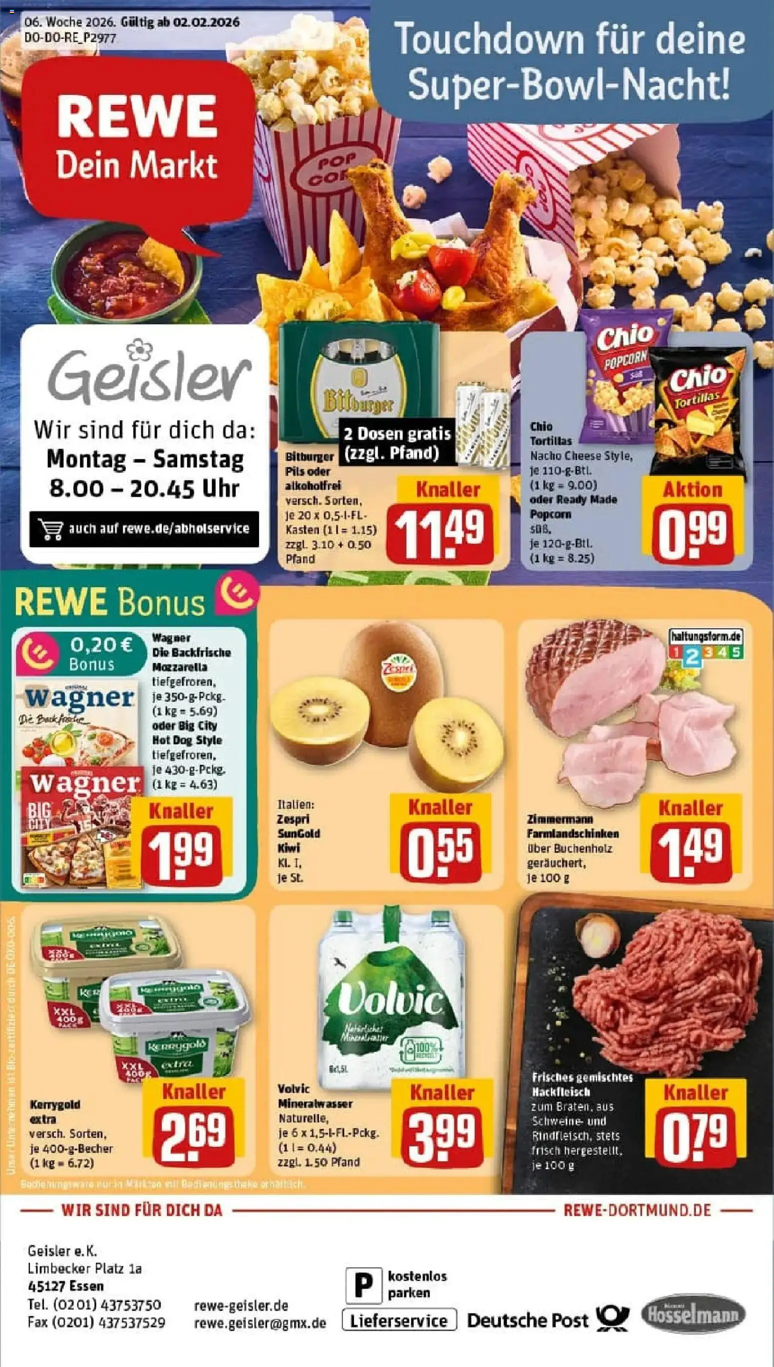 Vorschau von dem Prospekt des Geschäftes Rewe, gültig ab dem 02.02.2026 - Pizza, Uhr, Tortillas, Hackfleisch, Popcorn, Bitburger, Pils, Chio tortillas