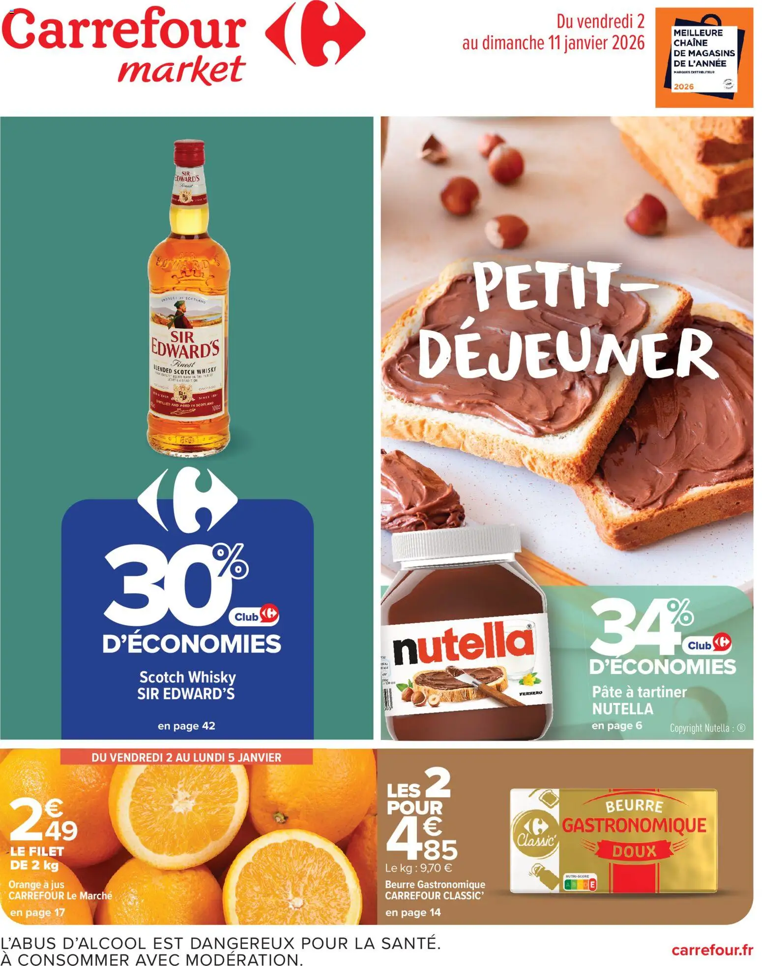 Prévisualisation de Catalogue de la semaine 1 du magasin Carrefour Market formulaire valide 02/01/2026 - Orange, Whisky, Nutella, Beurre, Pâte à tartiner, Jus, Orange a Jus, Beurre gastronomique