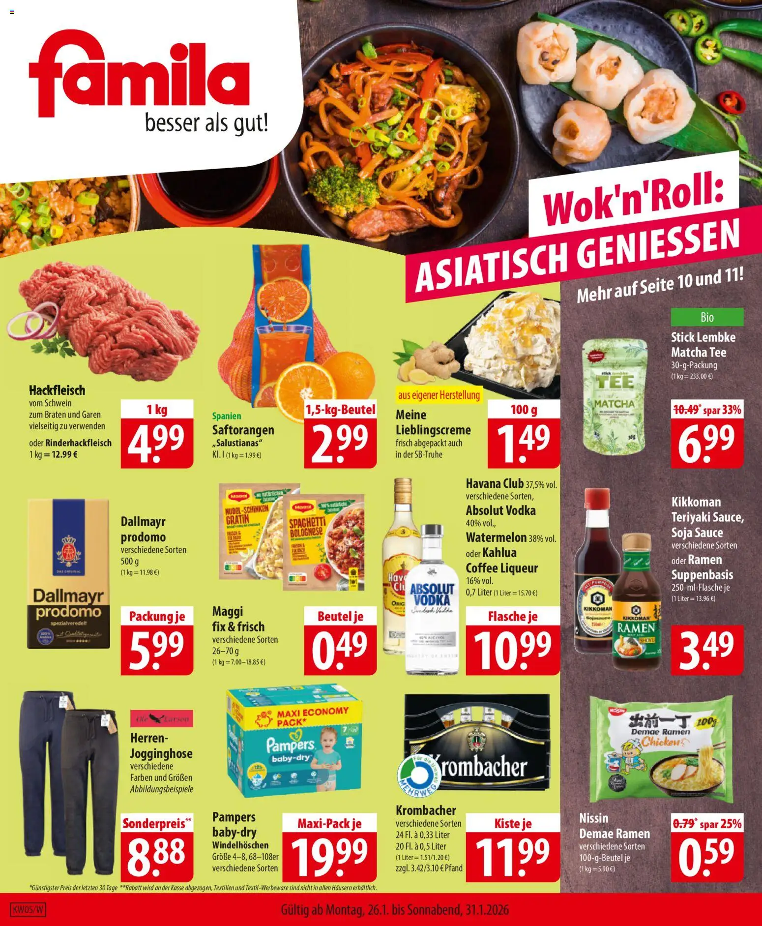 Vorschau von dem Prospekt des Geschäftes Famila, gültig ab dem 26.01.2026 - Tee, Jogginghose, Maggi, Krombacher, Hackfleisch, Pampers, Dallmayr, Vodka