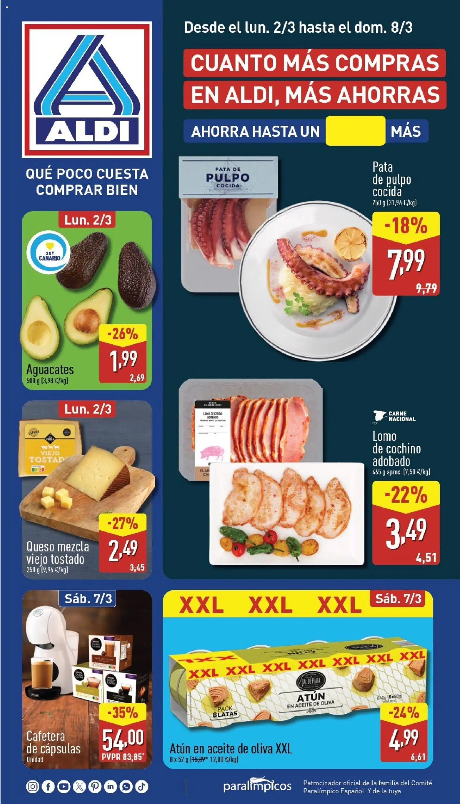 Vista previa del folleto de la tienda Aldi válido desde el 02/03/2026 - Aceite de oliva, Queso, Cafetera, Aceite, Carne, Atún, Sal, Lomo