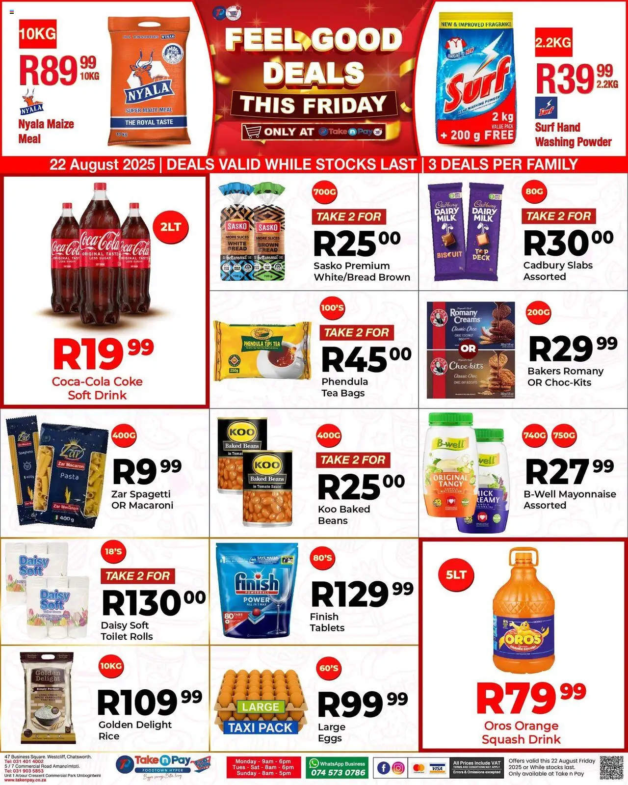 Take n Pay Friday Specials from 22/08 - 22/08/2025 > Promotions - Toilet, Coke, Milk, Biscuits, Mayonnaise, Beans, Washing powder, Tomato sauce