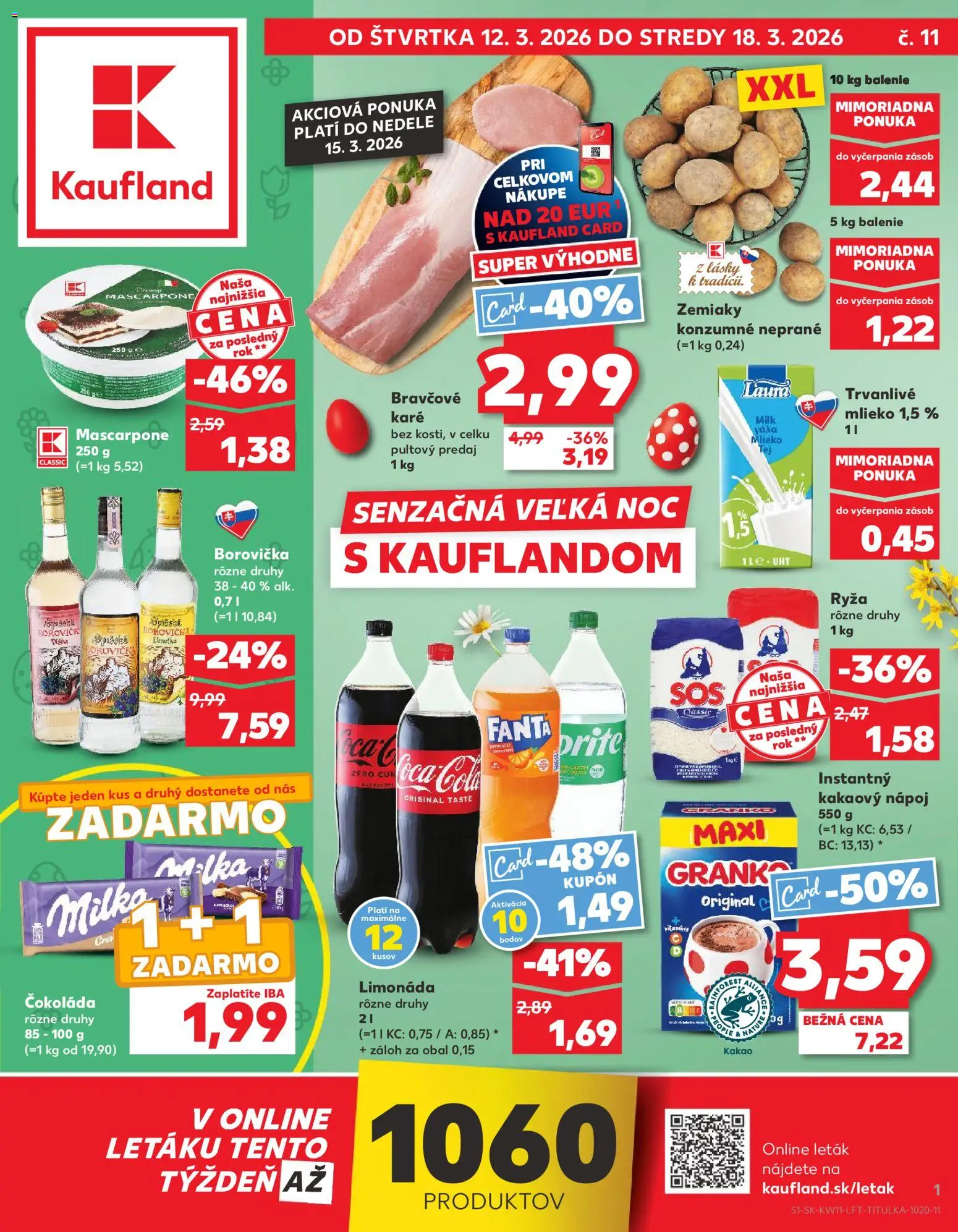 Náhľad Kaufland letáku platného od 12.03.2026 - Coca cola, Mascarpone, Bravčové karé, Mlieko, Zemiaky, Granko, Cola, Trvanlivé mlieko