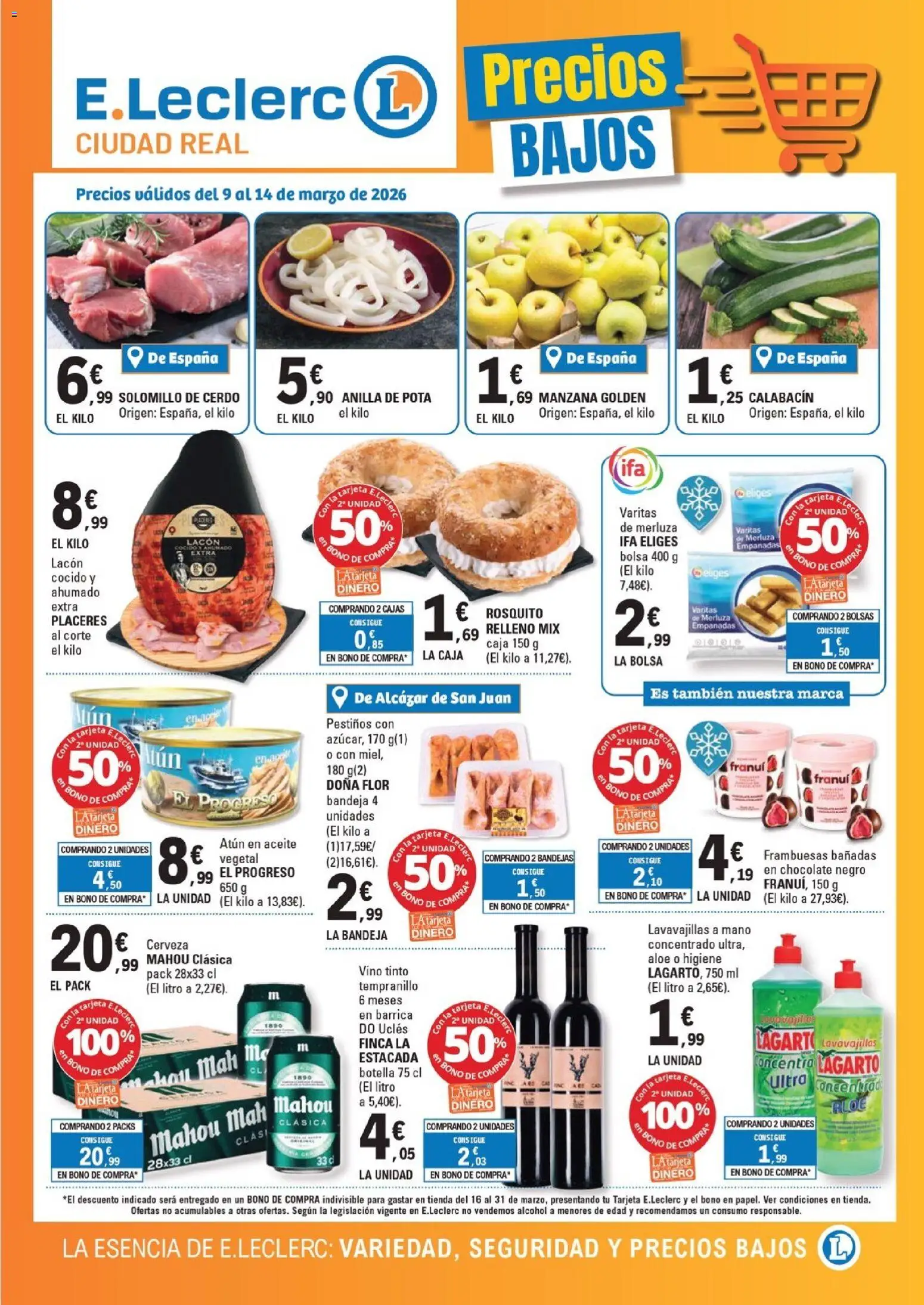 Vista previa del folleto de la tienda E.Leclerc válido desde el 09/03/2026 - Chocolate, Bolsa, Vino, Calabacín, Aceite, Manzana, Caja, Bandeja