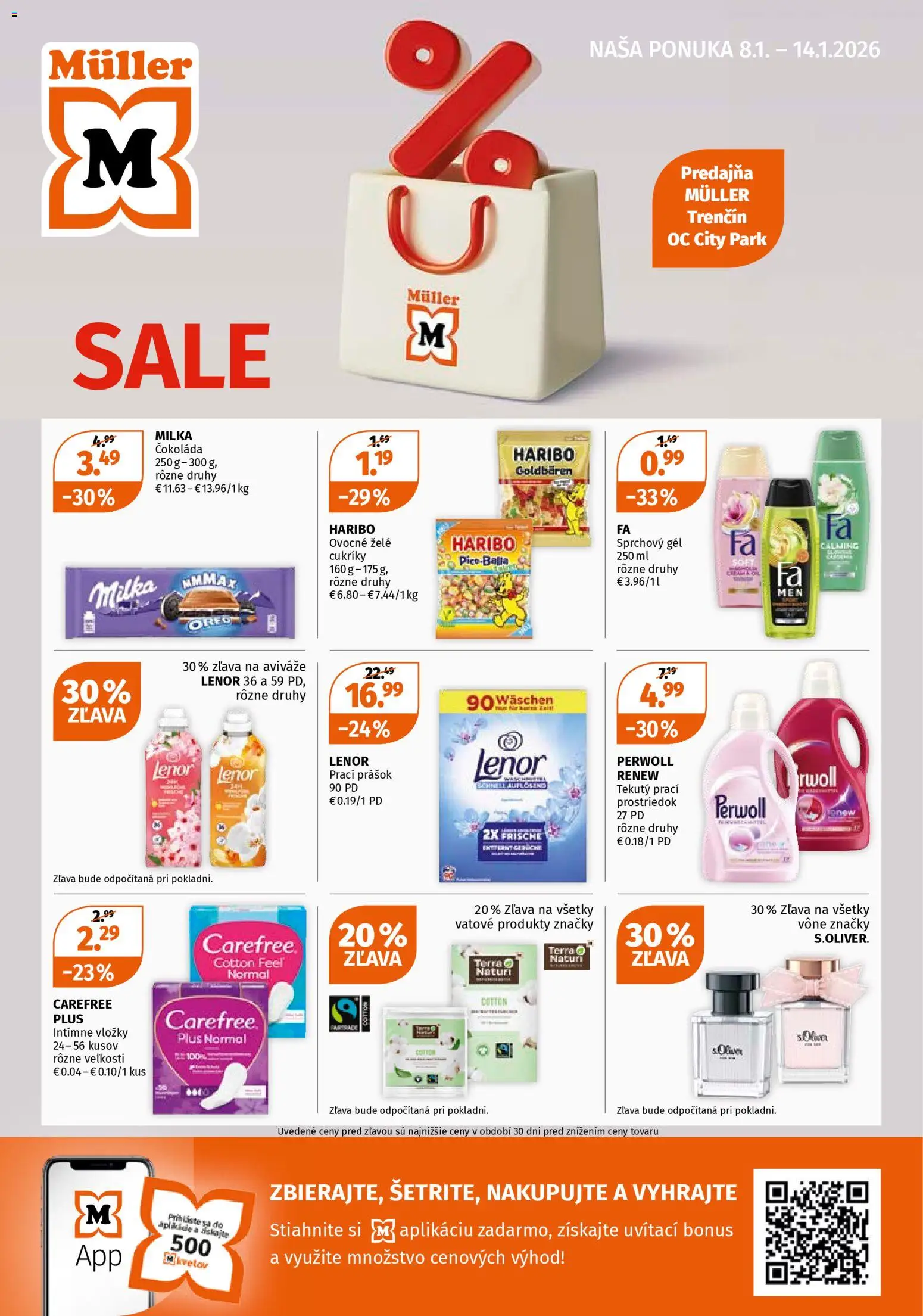 Náhľad Müller letáku platného od 08.01.2026 - Čokoláda, Milka, Oreo, Perwoll, Lenor, Cukríky, Prací prášok, Sprchový gél