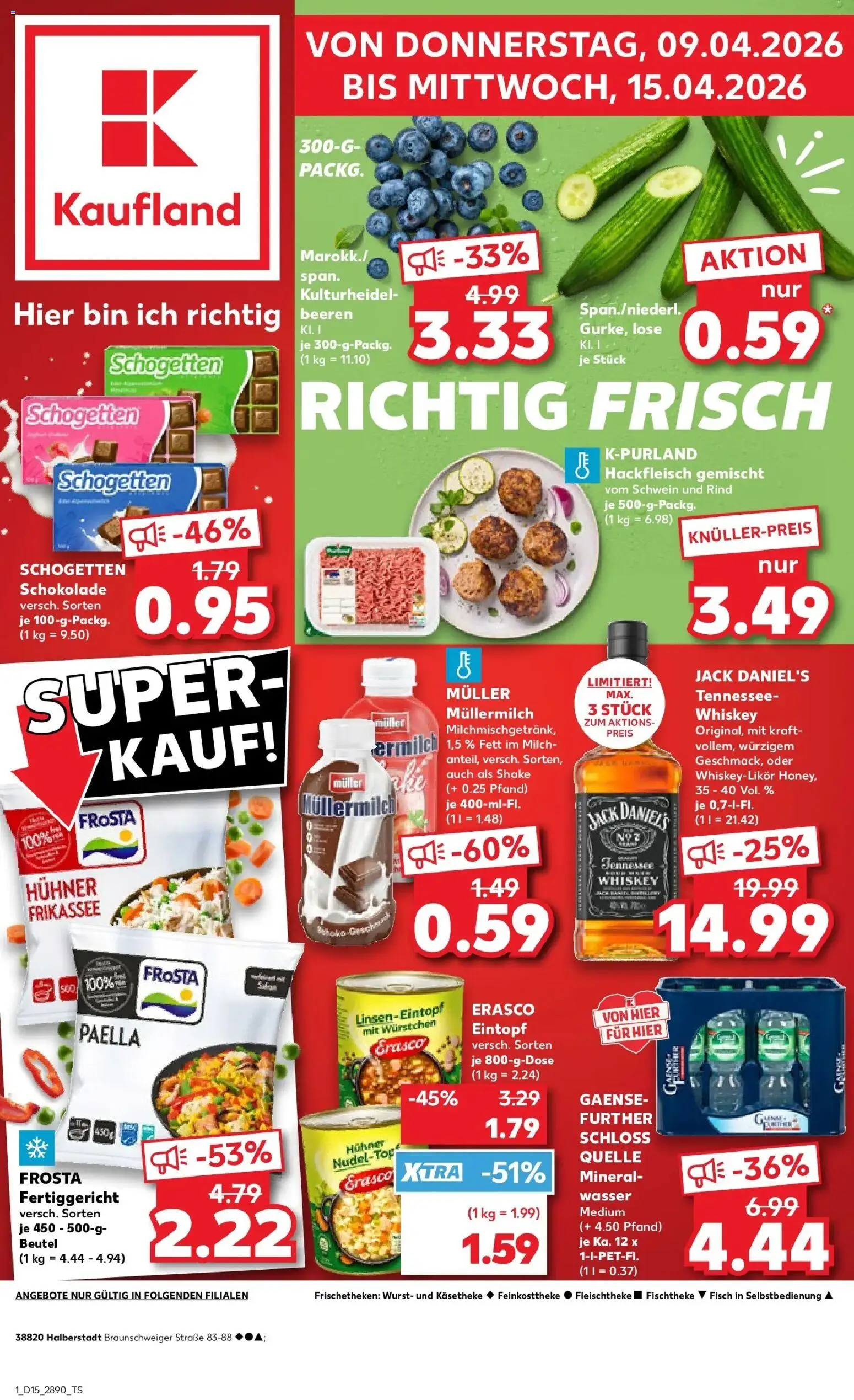 Vorschau von dem Prospekt des Geschäftes Kaufland, gültig ab dem 08.04.2026 - Wasser, Wurst, Hackfleisch, Frosta, Whiskey, Schogetten, Jack Daniel's, Muller mullermilch