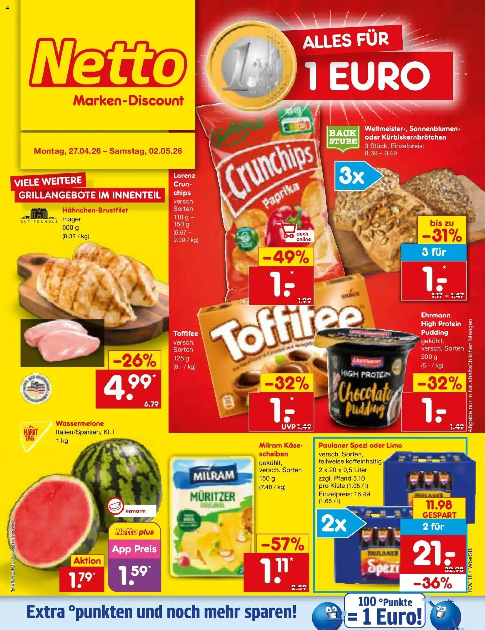 Vorschau von dem Prospekt des Geschäftes Netto Marken-Discount, gültig ab dem 27.04.2026 - Chips, Käse, Paulaner spezi, Paprika, Wassermelone, Paulaner, Pudding, Milram