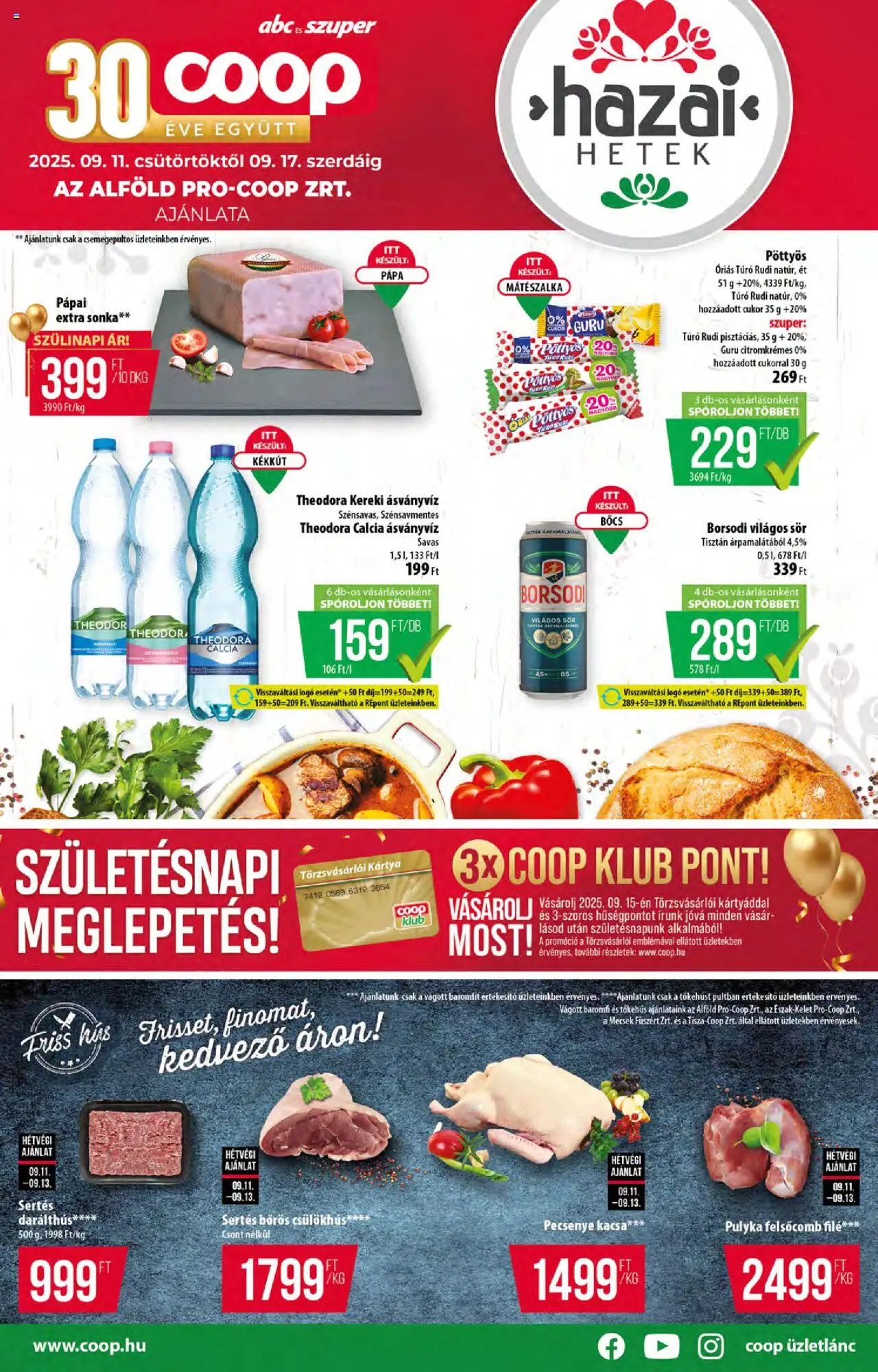 COOP aktuális szórólap, érvényes 2025.09.11.-től - 1 oldal - Kacsa, Sör, Túró rudi, Pöttyös, Sonka, Borsodi, Ásványvíz, Pápai
