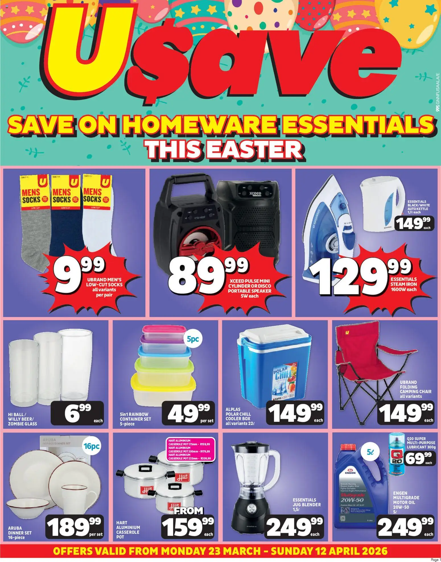 Preview of Usave flyer valid from 23/03/2026 - Blender, Kettle, Iron, Chair, Box, Oil, Socks, Cooler