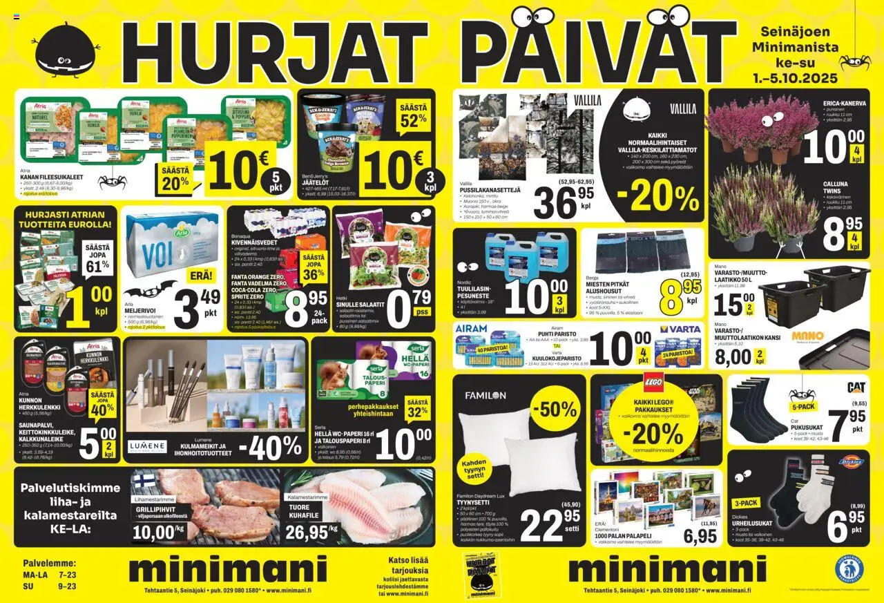 Minimani-kaupan Tarjoukset - Seinäjoki voimassa 01/10/2025 - Sivulla 1 - WC, Minttu, Fanta, Laatikko, Liha, Alushousut, Kansi, Tyynysetti