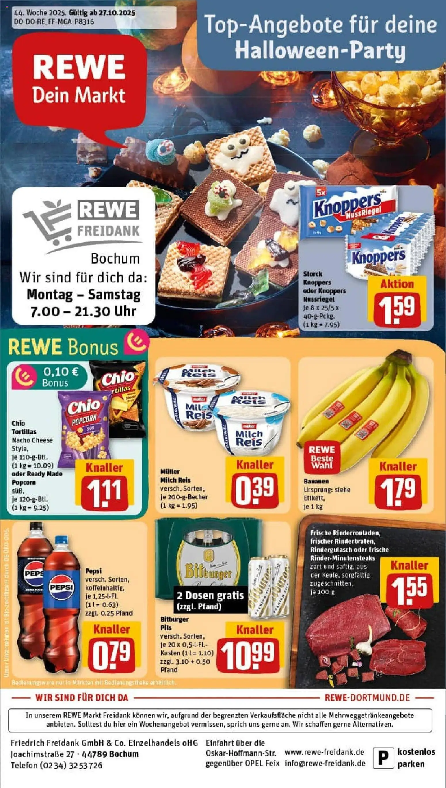 Vorschau von dem Prospekt des Geschäftes Rewe, gültig ab dem 26.10.2025 - Uhr, Bananen, Milch, Reis, Rindergulasch, Pepsi, Theke, Pils