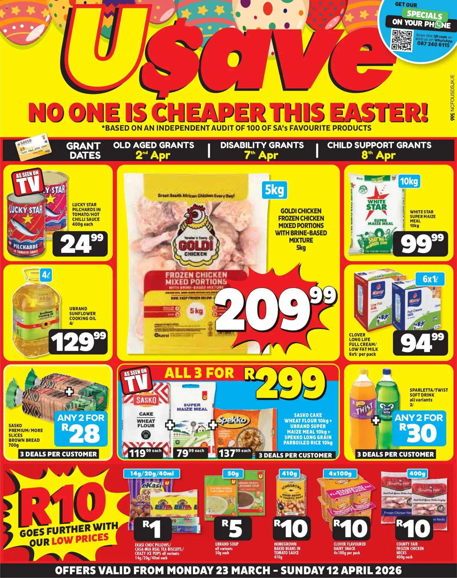 Preview of Usave flyer valid from 23/03/2026 - Phone, Chicken, Flour, Beans, Onion, Tomato sauce, Chilli, Pilchards