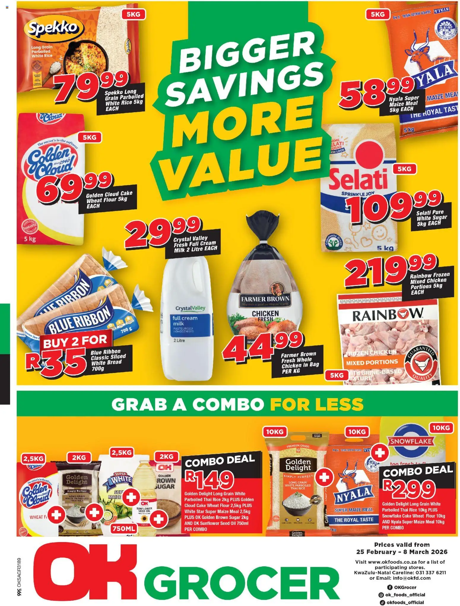 Preview of OK Foods flyer valid from 25/02/2026 - Bag, Milk, Oil, Bread, Sugar, Rice, Maize meal, Frozen chicken