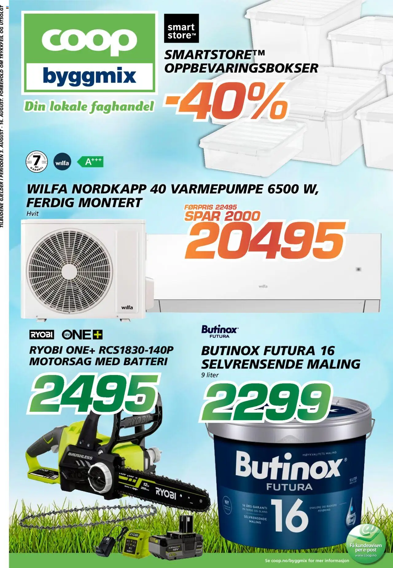 Kundeavis Coop Byggmix gyldig fra 03/08/2025 - Sidenummer 1 - Oppbevaringsbokser, Motorsag, Varmepumpe, Ryobi, 1, Batteri