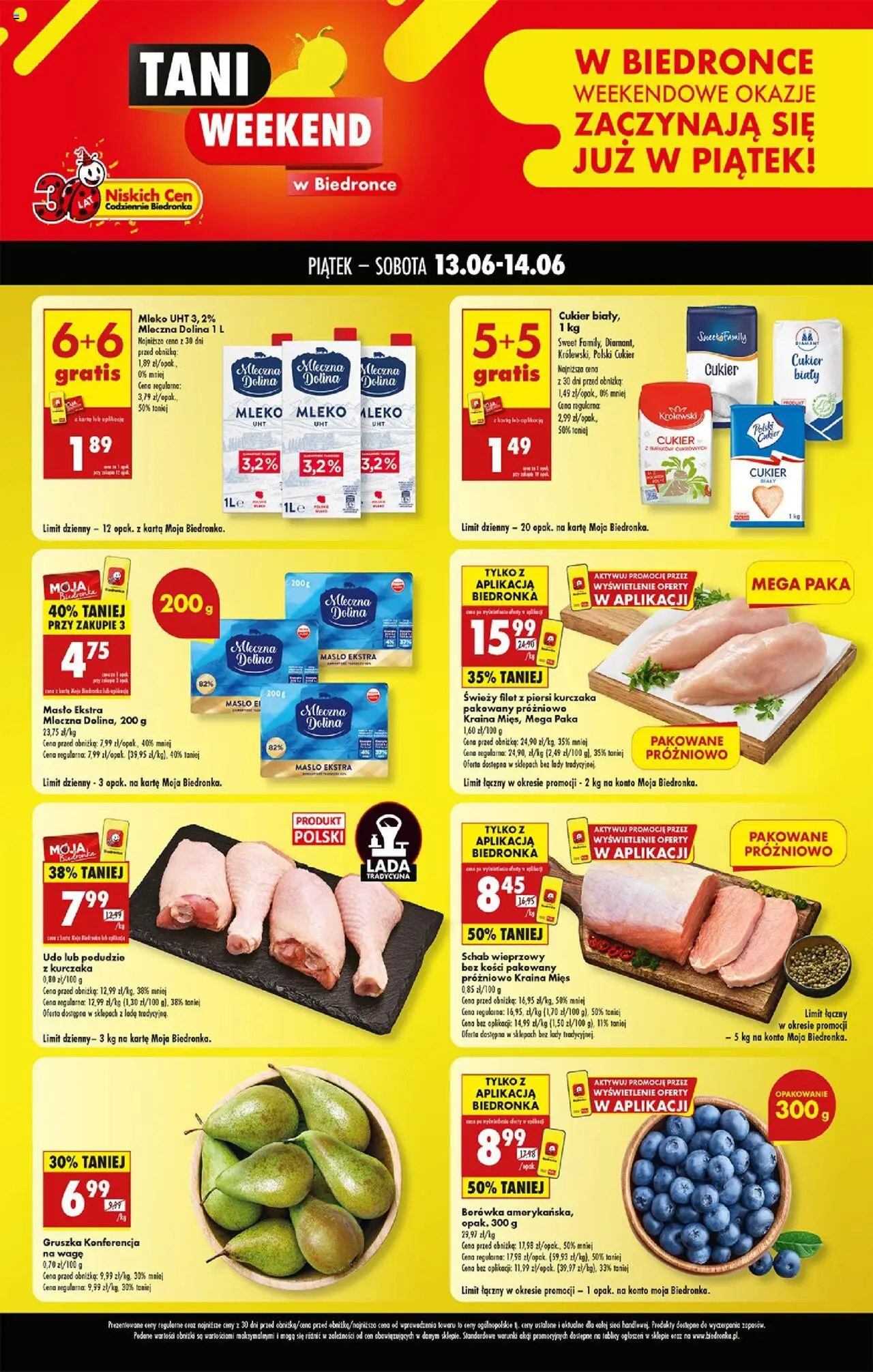 Biedronka gazetka promocyjna 13.06.2025 - "Tani weekend" - Numer strony 1 - Mleko, Cukier, Filet z piersi kurczaka, Piersi, Kraina mięs, Schab, Karta, Filet