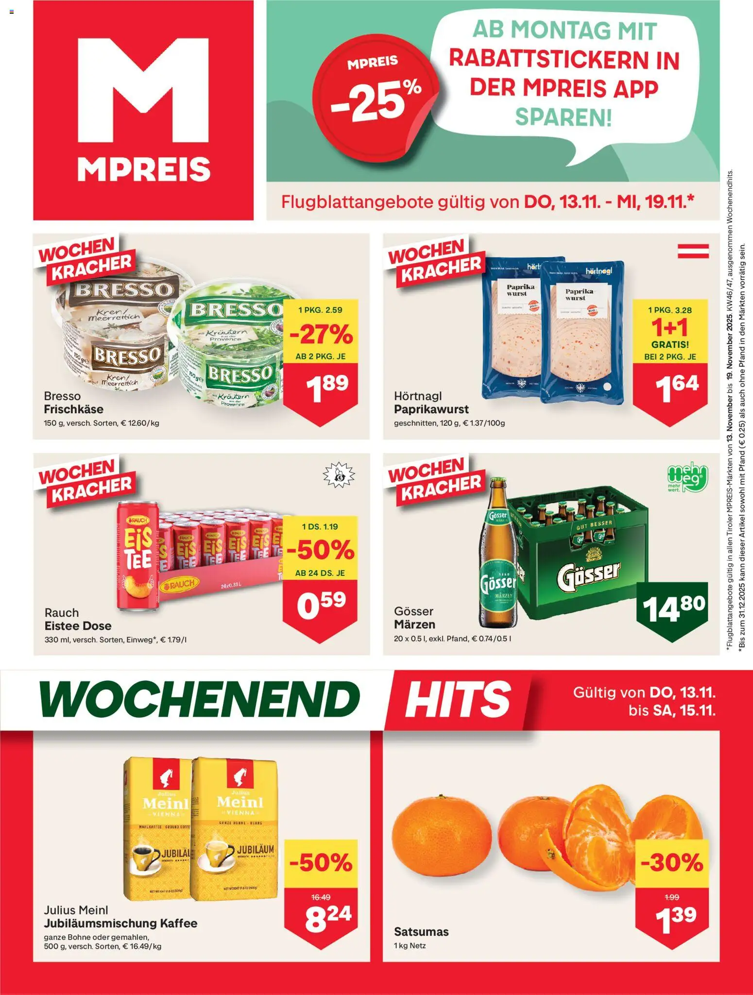 Vorschau der Angebote: MPREIS Flugblatt gültig ab 13.11.2025 - Kaffee, Wurst, Meerrettich, Bohne