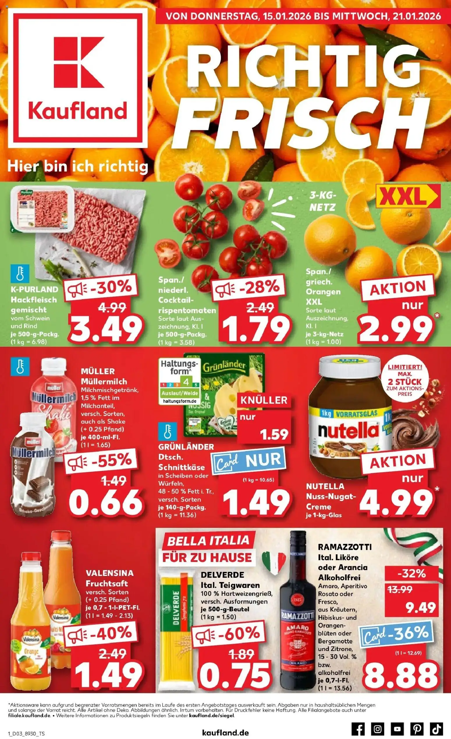 Vorschau von dem Prospekt des Geschäftes Kaufland, gültig ab dem 15.01.2026 - Nutella, Ramazzotti, Hackfleisch, Creme, Valensina, Fruchtsaft, Grunlander, Muller mullermilch