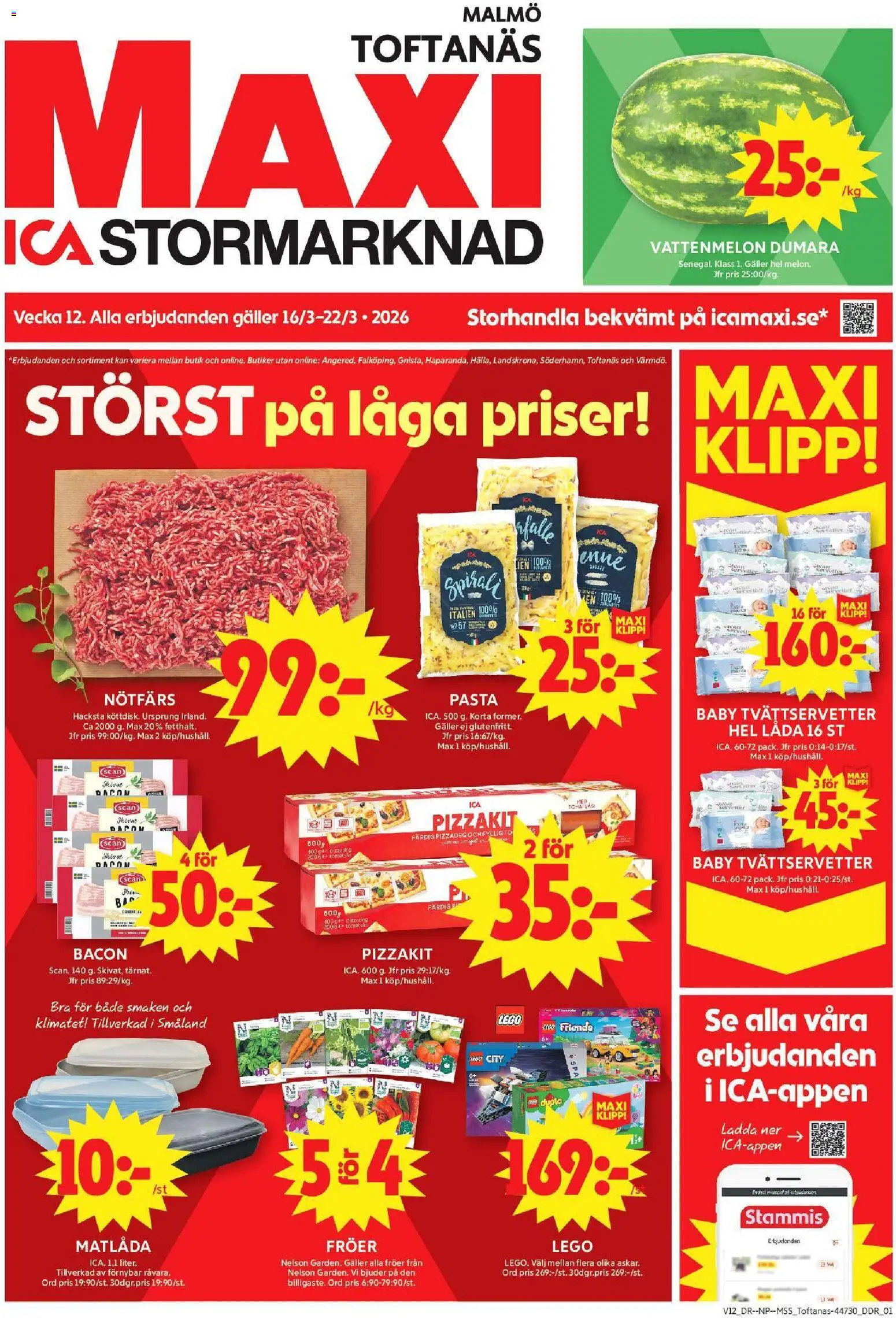 Förhandsgranska reklamblad Malmö från butik ICA Maxi gäller från 16/03/2026 - LEGO, Pasta, Galler, Vattenmelon, Matlåda, Nötfärs, Låda, Pizzakit