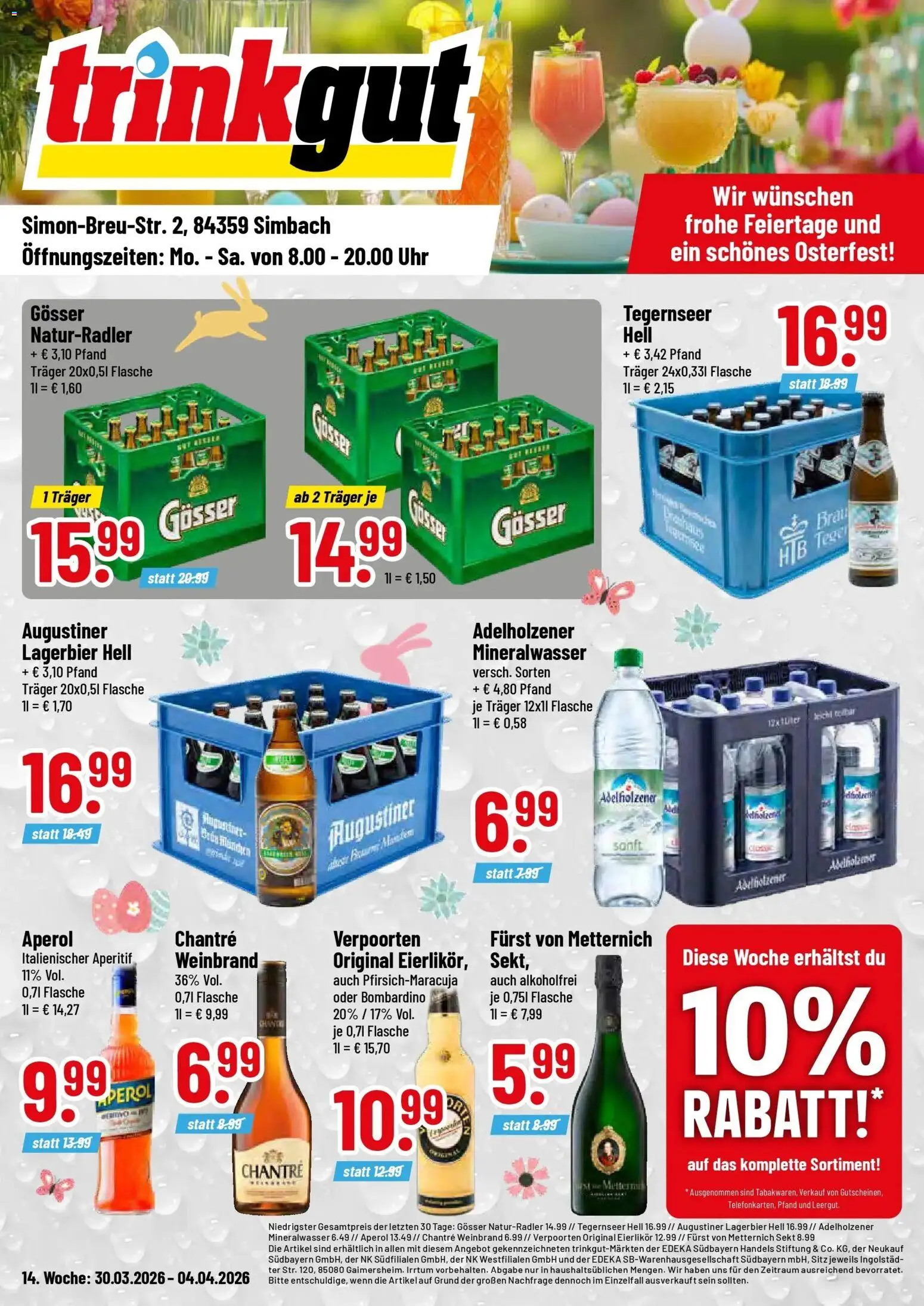 Vorschau von dem Prospekt des Geschäftes Trinkgut, gültig ab dem 30.03.2026 - Uhr, Aperol, Mineralwasser, Sekt, Adelholzener, Chantré, Furst von metternich