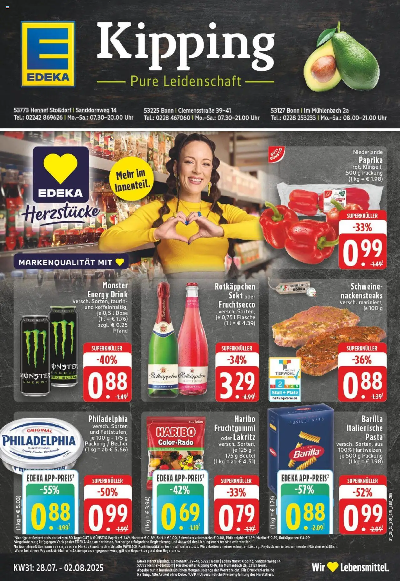 EDEKA Prospekt ab 27.07.2025 - Prospekt Bonn Online - Uhr, Äpfel, Philadelphia, Rotkäppchen, Energy, Barilla, Sekt, Nackensteaks