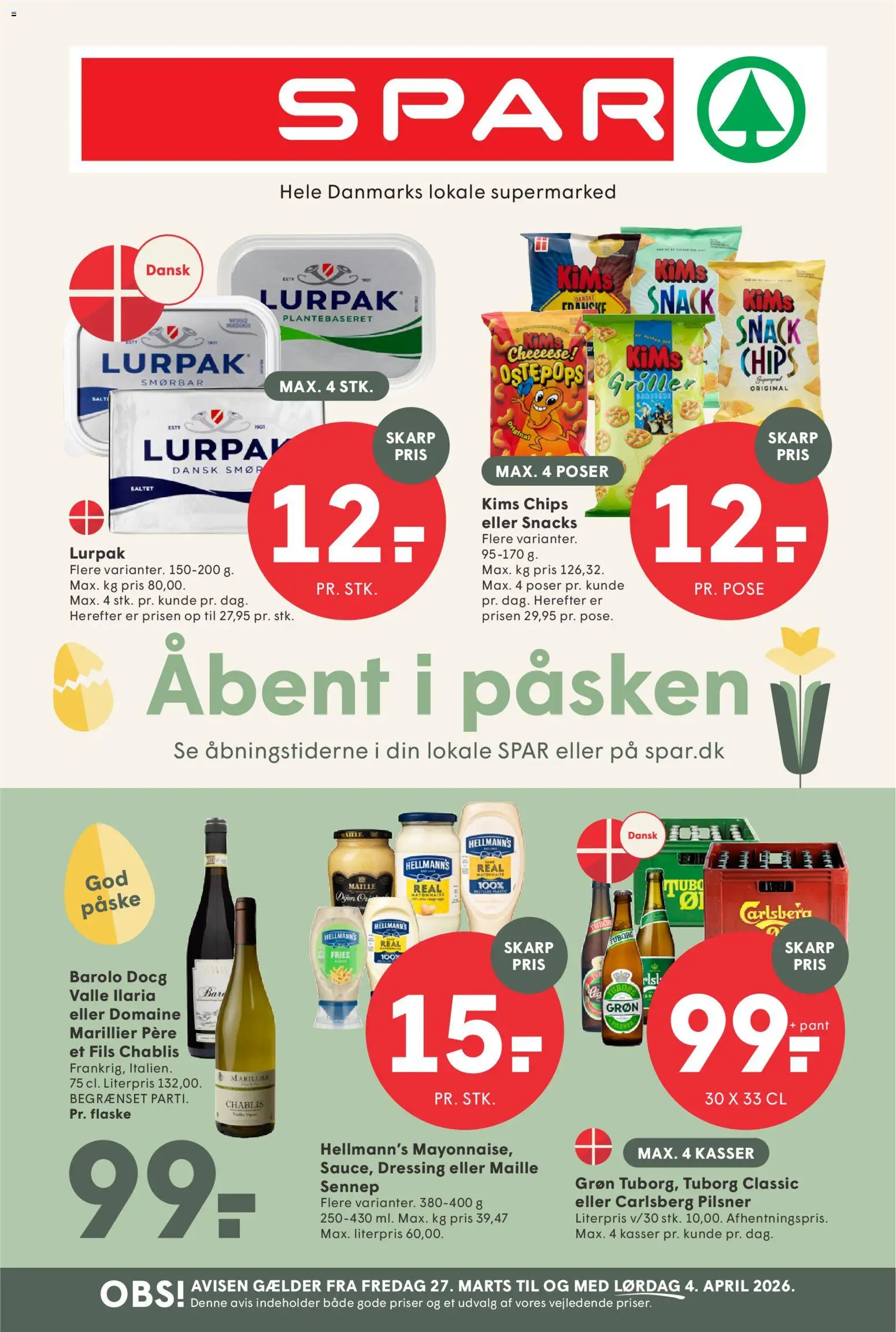 Eksempel på tilbudsavis Spar - Tilbudsavis uge 14 fra butik Spar gyldig fra 27/03/2026 - Smør, Chips, Snacks, Salt, Dressing, Sennep