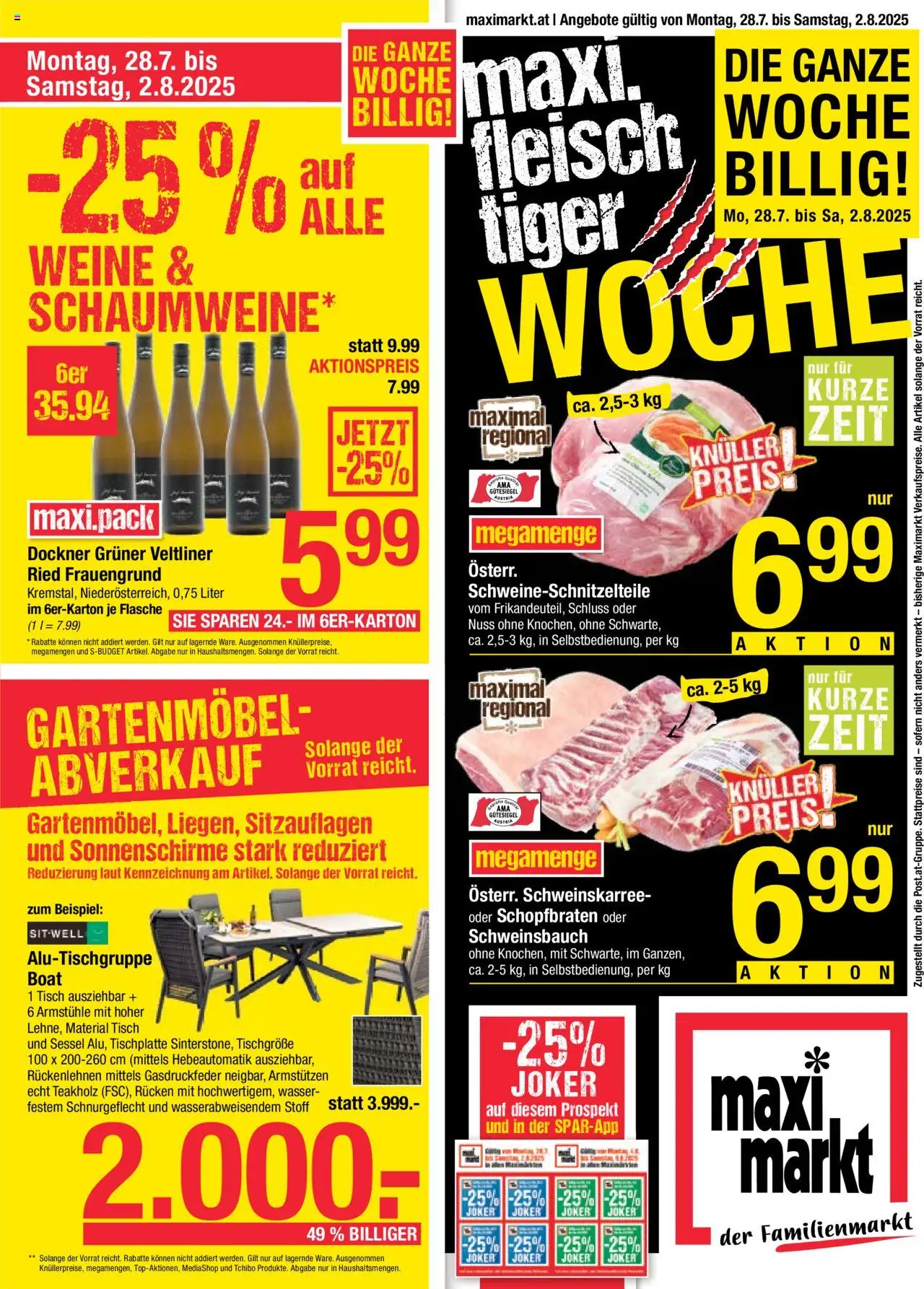  Maximarkt Flugblatt ab (28.07.2025 - 02.08.2025) - Seite 1 - Wasser, Gartenmöbel, Sessel, Tisch
