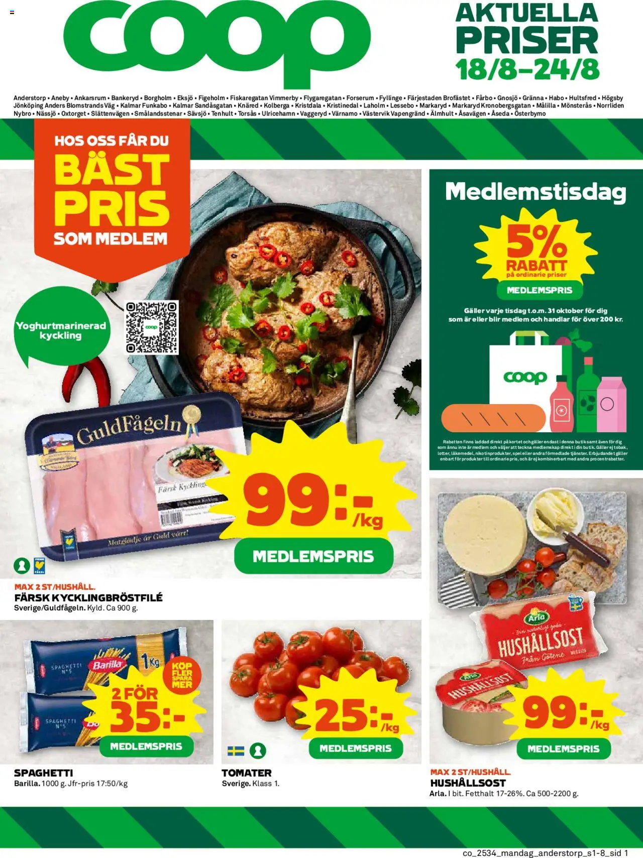 Knäred är giltig 18/08 2025 > Veckans Erbjudanden gäller från 18/08/2025 till 24/08/2025 sidnummer 1 - Spel, Galler, Spaghetti, Hushållsost, Barilla, Tomater, Kyckling