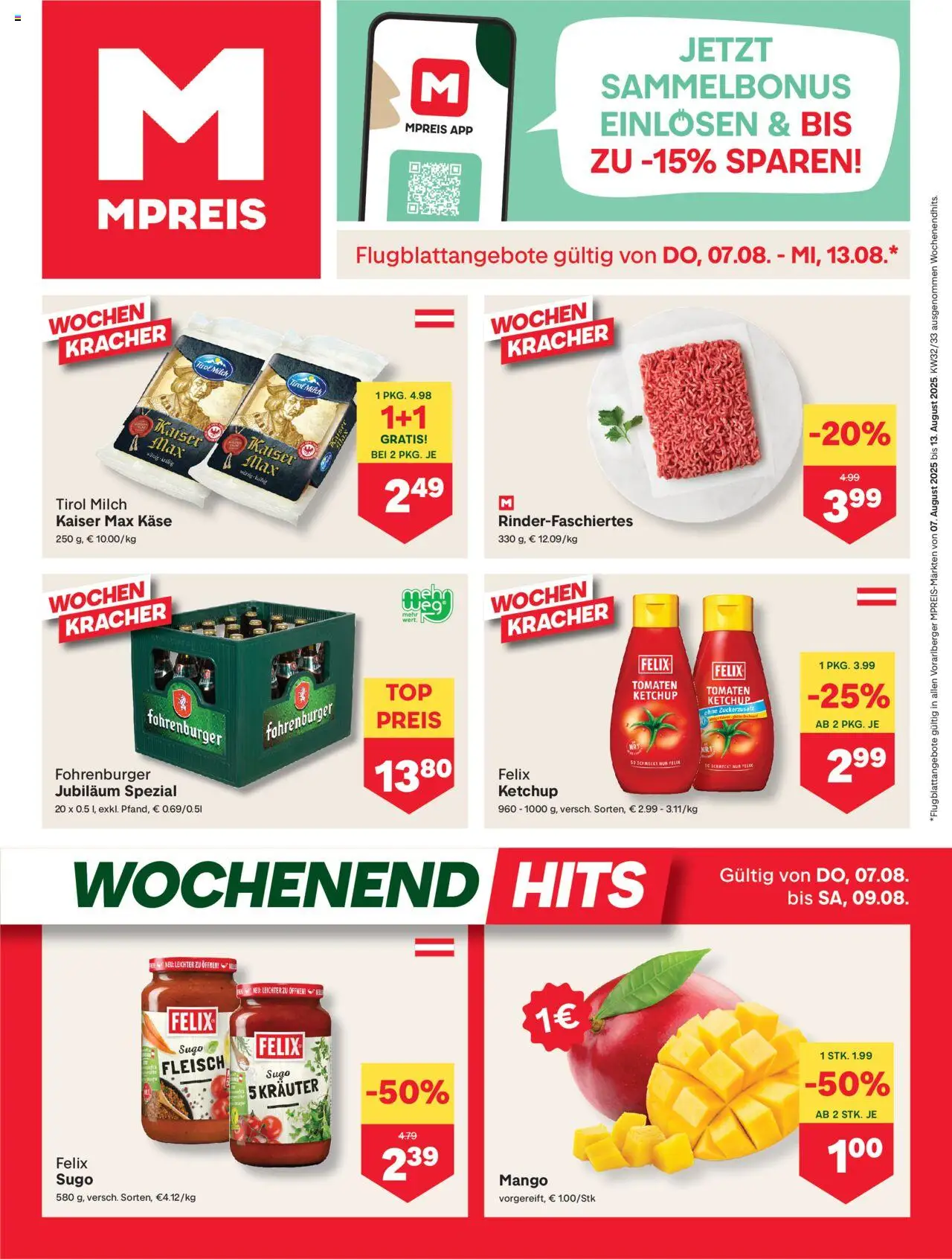  MPREIS Hohenems ab (07.08.2025 - 13.08.2025) - Seite 1 - Mango, Milch, Käse, Ketchup, Tomaten