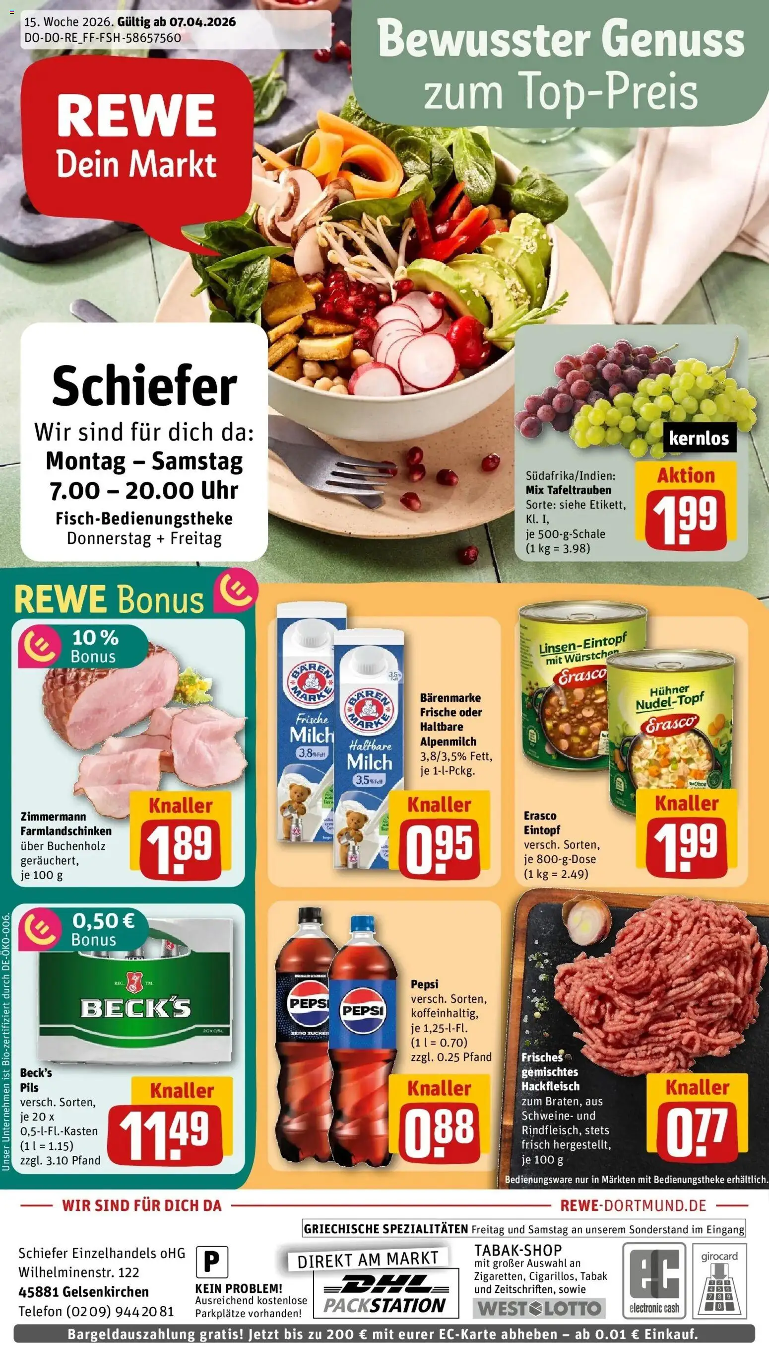 Vorschau von dem Prospekt des Geschäftes Rewe, gültig ab dem 05.04.2026 - Telefon, Milch, Hackfleisch, Zucker, Pepsi, Spezialitäten, Pils, Erasco
