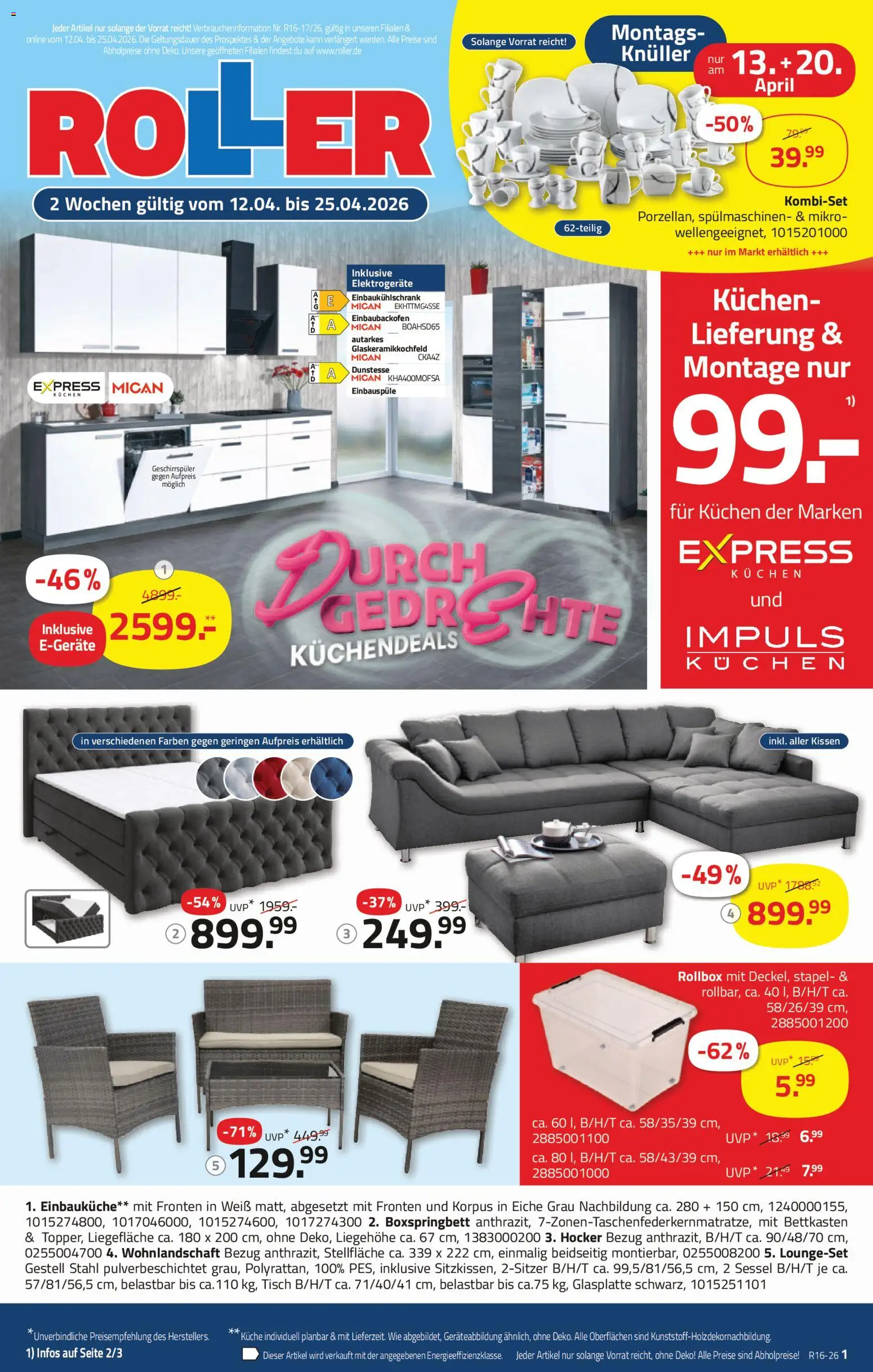 Vorschau von dem Prospekt des Geschäftes Roller, gültig ab dem 12.04.2026 - Kuchen, Boxspringbett, Küche, Geschirrspüler, Kissen, Einbauküche, Hocker, Tisch