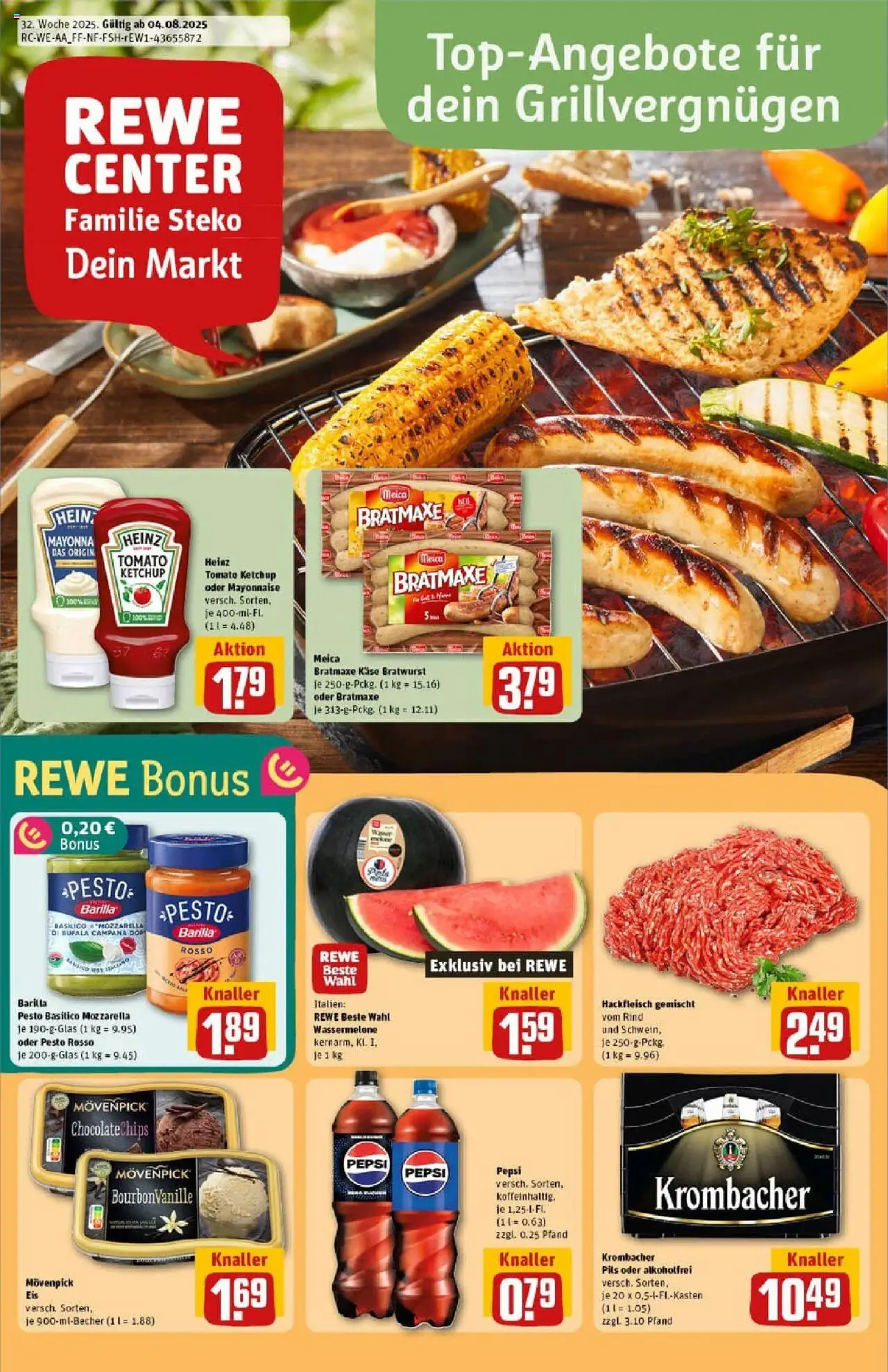 REWE Prospekt ab 03.08.2025 nächste Woche - Prospekt Erkelenz - Eis, Käse, Hackfleisch, Mayonnaise, Wassermelone, Ketchup, Movenpick eis, Meica