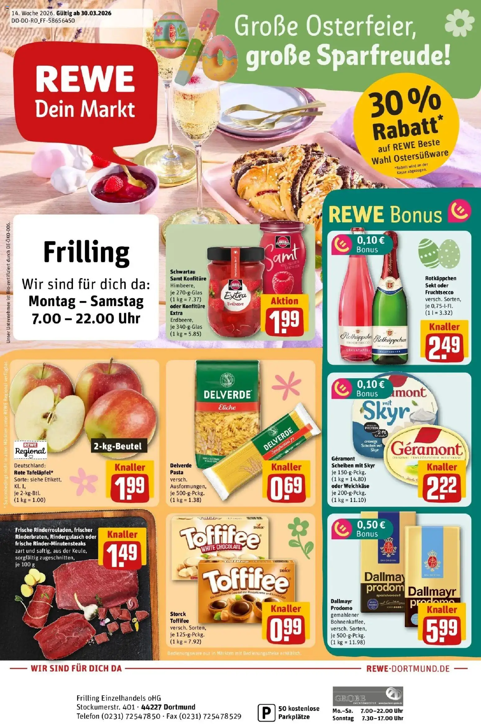 Vorschau von dem Prospekt des Geschäftes Rewe, gültig ab dem 30.03.2026 - Uhr, Schokolade, Granatapfel, Rotkäppchen, Dallmayr, Rindergulasch, Sekt, Schwartau samt