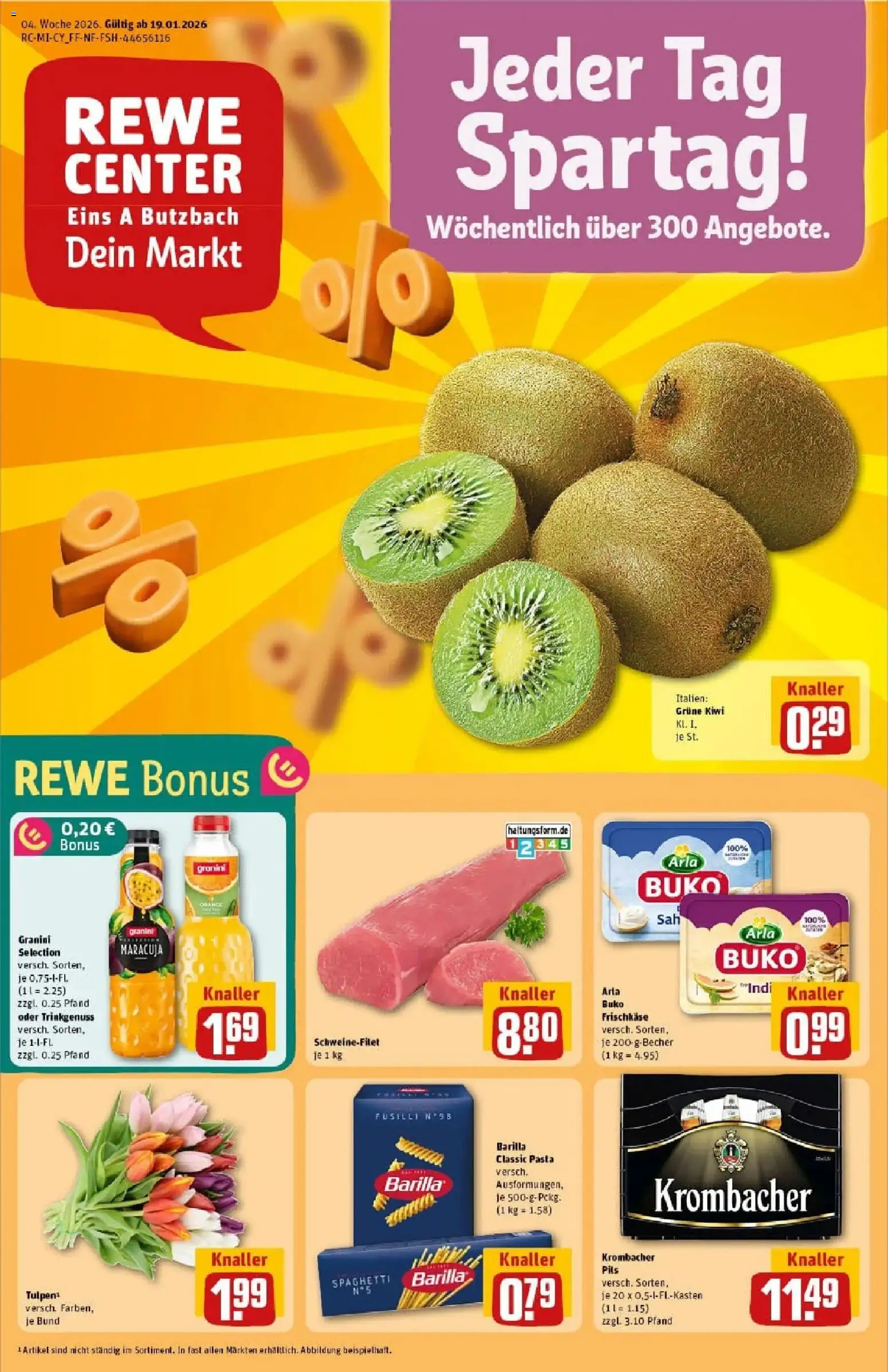 Vorschau von dem Prospekt des Geschäftes Rewe, gültig ab dem 18.01.2026 - Pasta, Spaghetti, Krombacher, Schweinefilet, Barilla, Granini, Arla buko, Frischkase