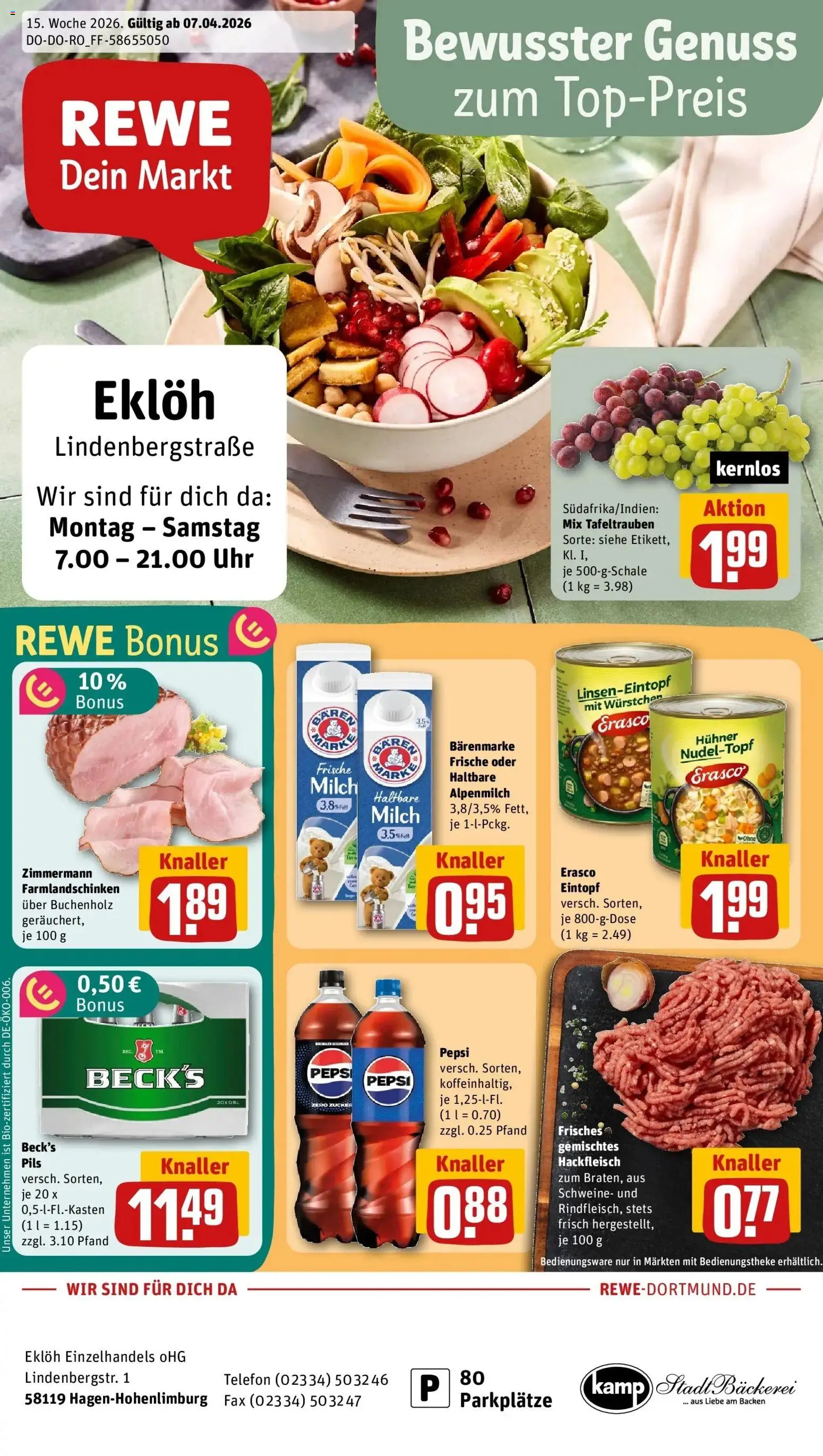Vorschau von dem Prospekt des Geschäftes Rewe, gültig ab dem 05.04.2026 - Bäckerei, Telefon, Milch, Hackfleisch, Zucker, Pepsi, Pils, Erasco