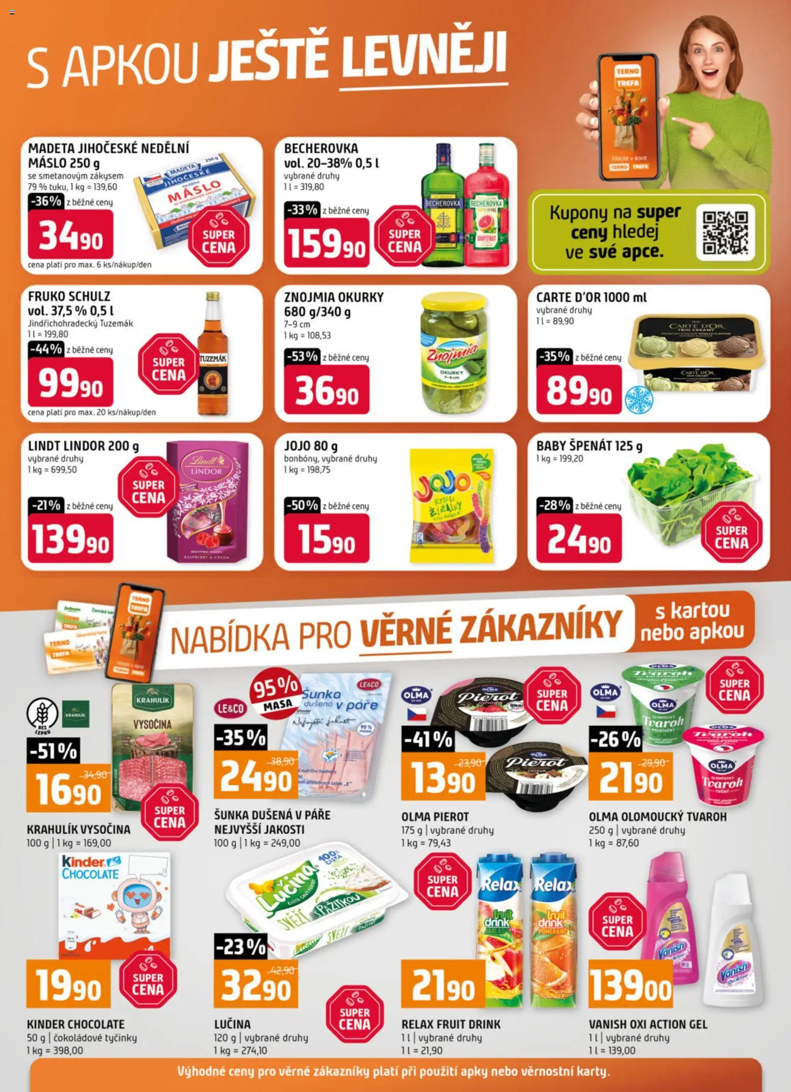 Náhled nabídky: Terno Terno leták - Nabídka pro věrné zákazníky platný od 01.04.2026 - Becherovka, Špenát, Kinder, Šunka, Lindor, Tyčinky, Pomeranče, Baby špenát