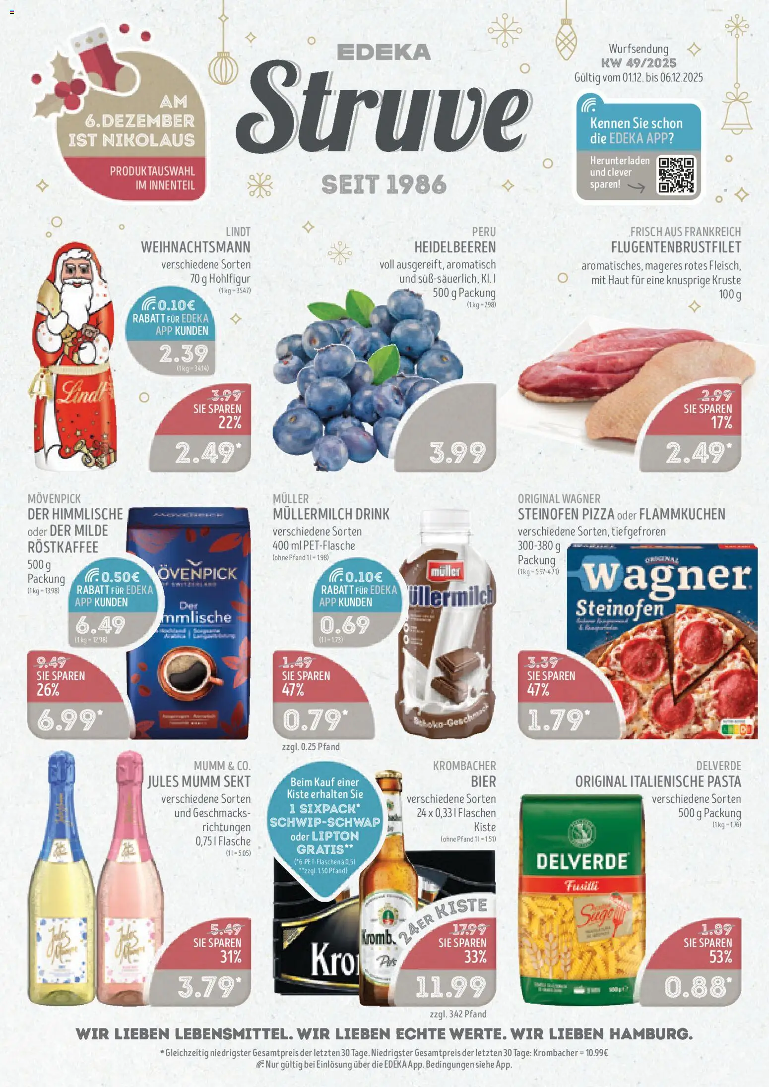 Vorschau von dem Prospekt des Geschäftes Edeka Struve, gültig ab dem 01.12.2025 - Pizza, Pasta, Lindt, Heidelbeeren, Krombacher, Fleisch, Müllermilch, Jules mumm