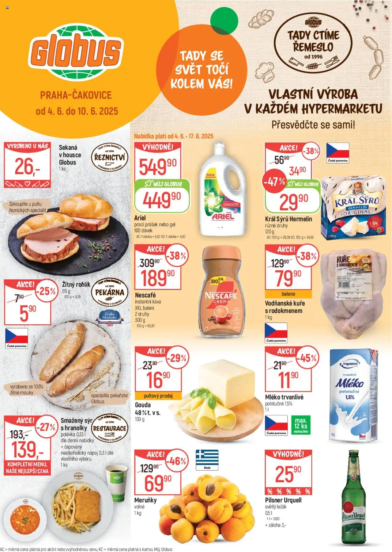  Globus leták od 04.06.2025 >> Akční nabídka "Leták" - Rohlík, Káva, Pekárna, Hermelín, Gouda, Prací Prášek, Meruňky, Crema