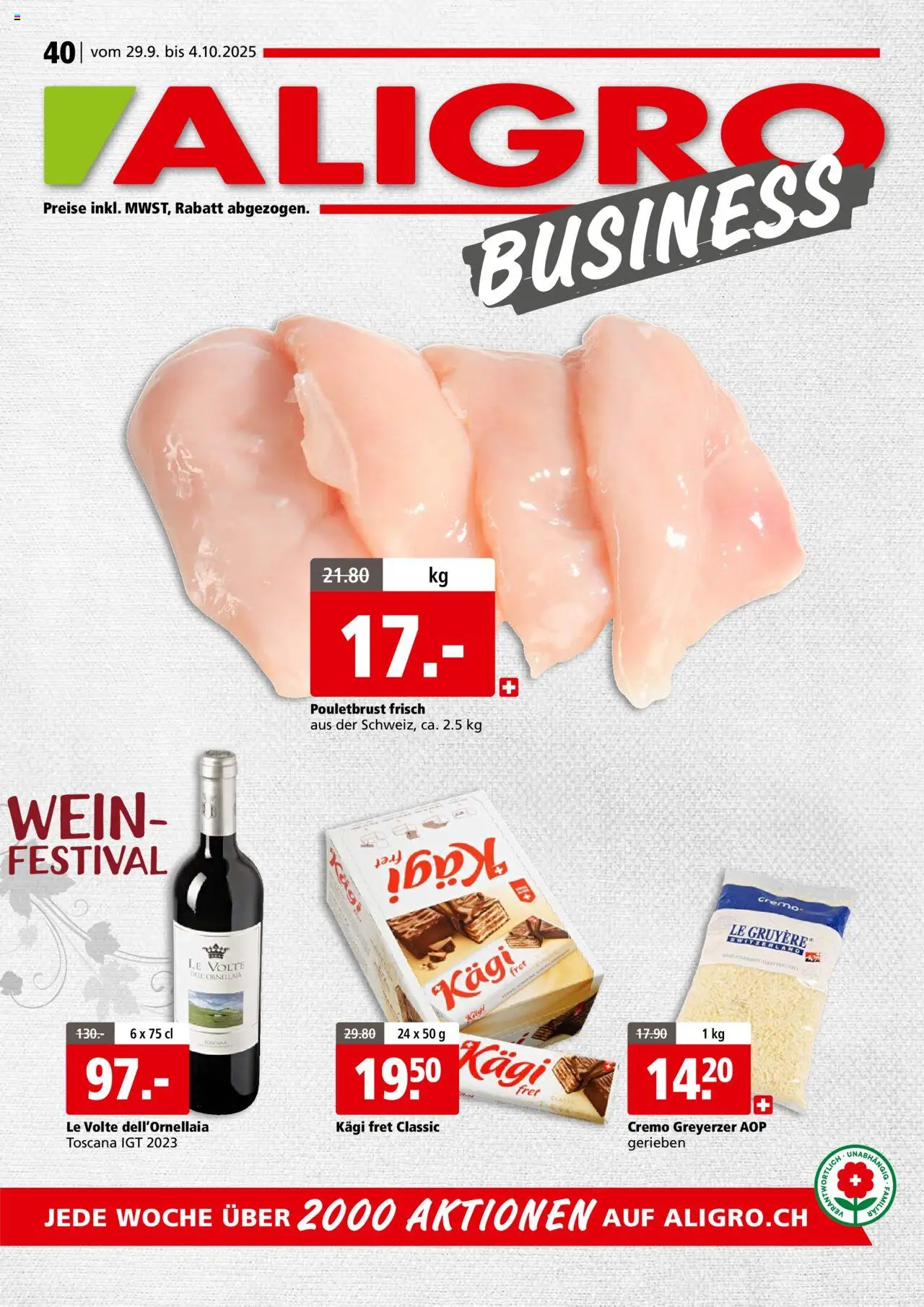 Aligro Aktionen Business Chavannes, Matran, Genf, Sitten ab 29.09.2025 - Seitennummer 1 - Wein, Pouletbrust