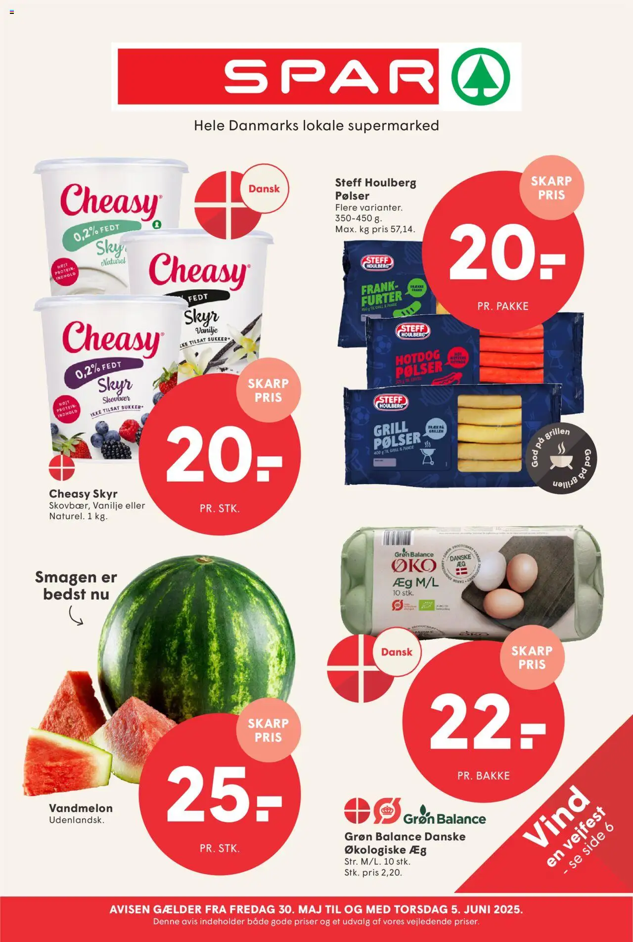 Spar tilbudsavis gyldig fra 30/05/2025 - side 1 - Æg, Pølser, Skyr, Vandmelon, Vanilje, Grill