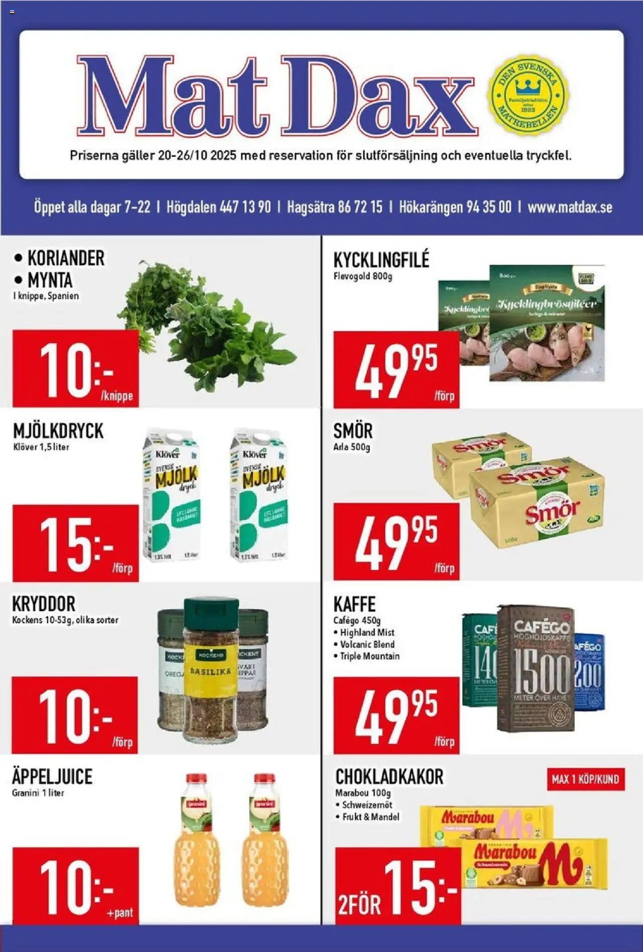 Aktuella reklamblad Matdax är giltig 20/10 2025 > Veckans Erbjudanden gäller från 20/10/2025 till 26/10/2025 sidnummer 1