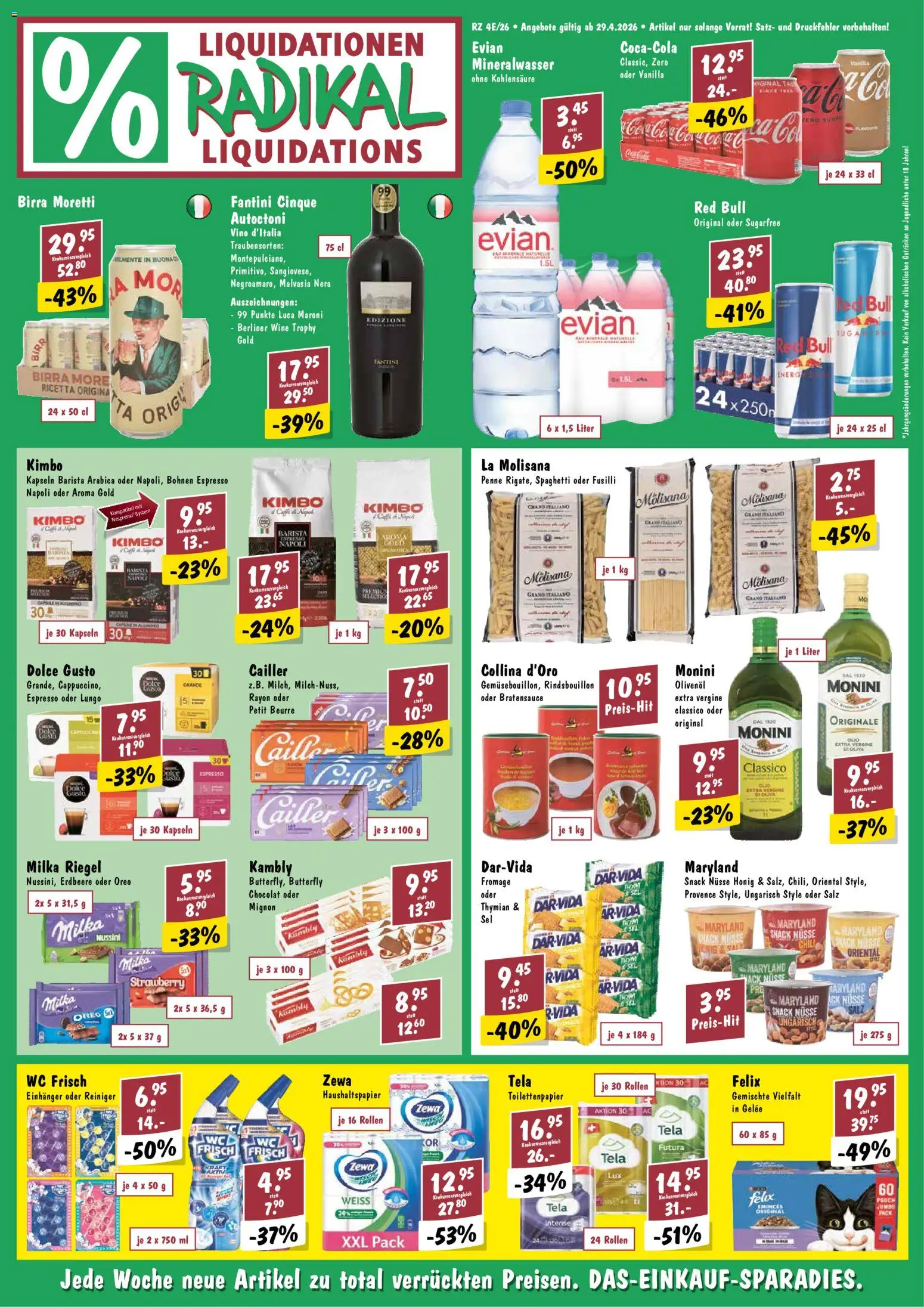 Vorschau des Merkblatts Radikal aktionen vom Shop Radikal gültig von 29.04.2026 bis 05.05.2026 - Red bull, Chili, Salz, Nüsse, Mineralwasser, Toilettenpapier