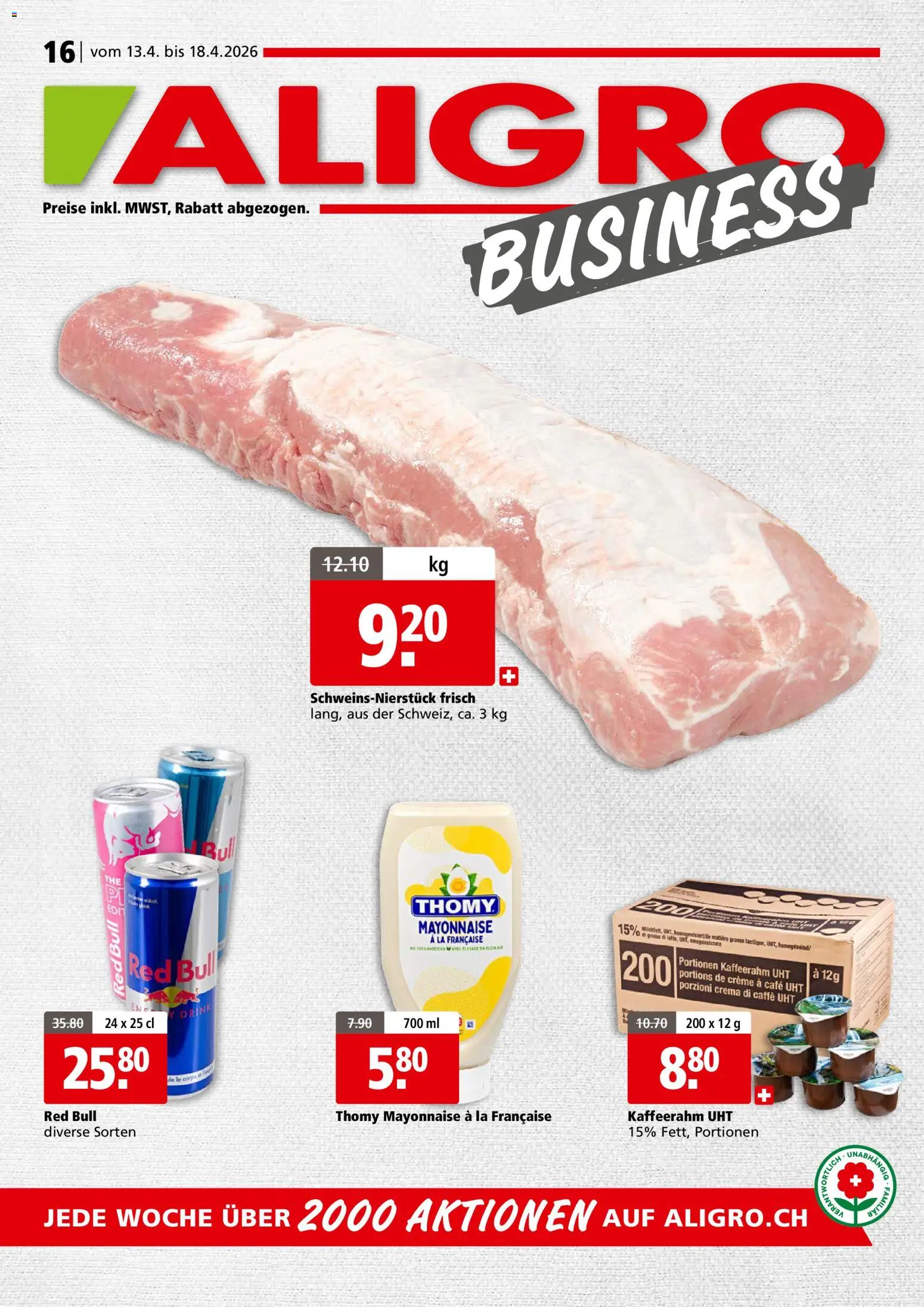 Vorschau des Merkblatts Aligro aktionen Business Schlieren, Gossau SG, Frauenfeld, Rapperswil-Jona, Sargans, Bern vom Shop Aligro gültig von 13.04.2026 bis 18.04.2026