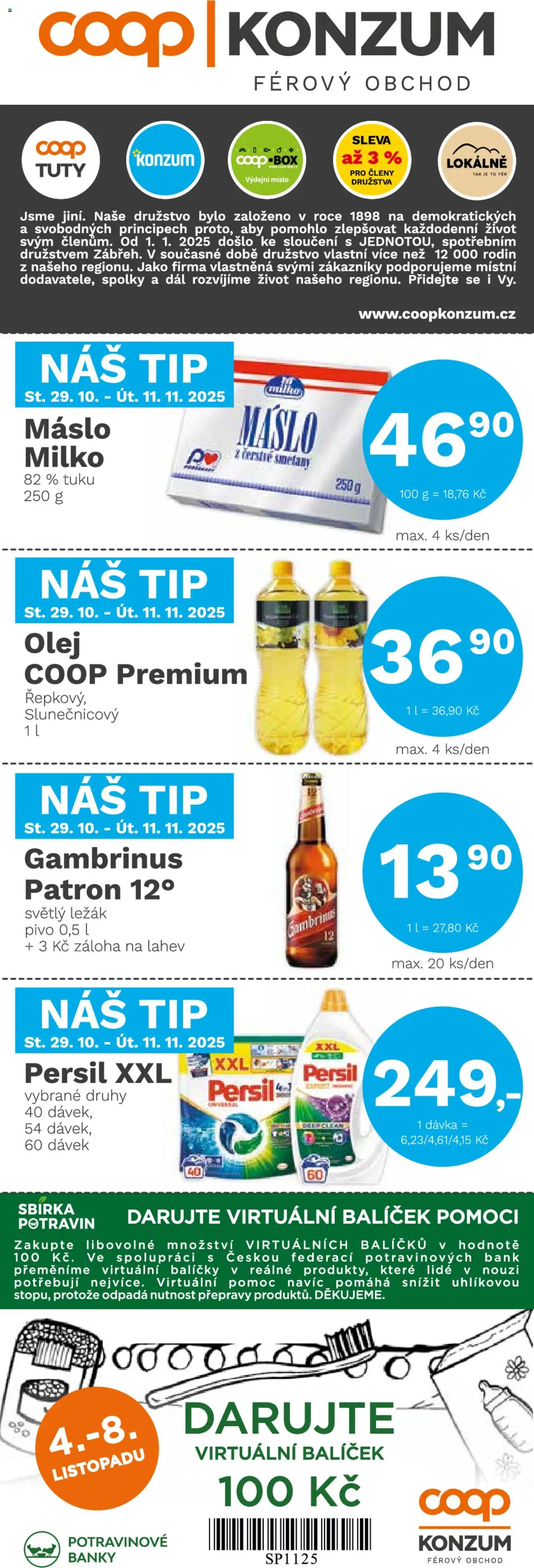  Konzum Leták (29.10.2025 - 11.11.2025) - Máslo, Pivo, Box, Olej, Gambrinus, Persil, Láhev