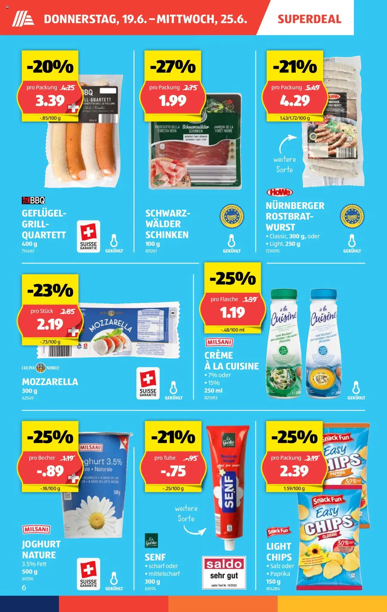 Aldi Aktionen ab 19.06.2025 - Seitennummer 6 - Joghurt, Schinken, Paprika, Chips, Salz, Wurst, Grill, Creme