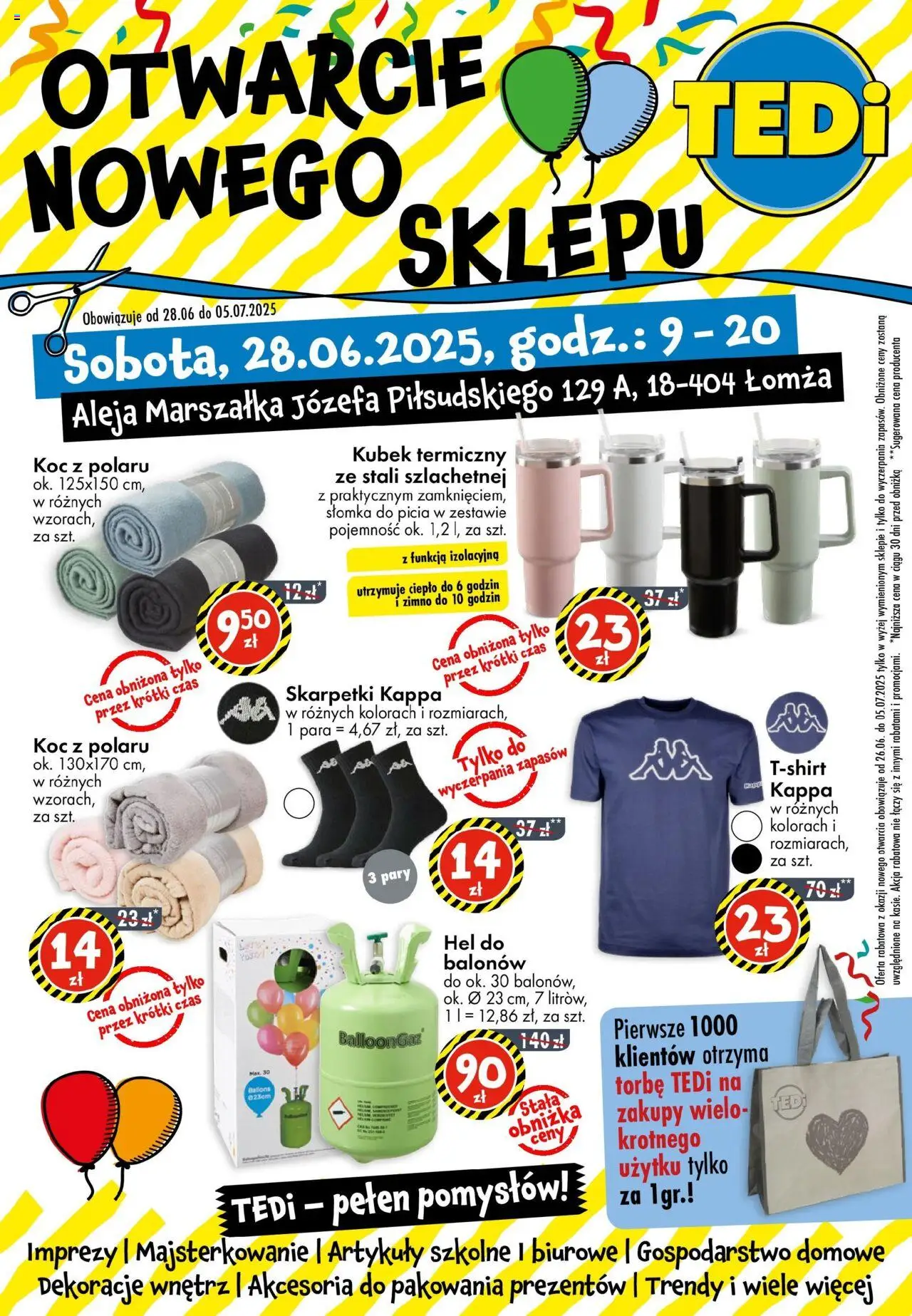 TEDi Łomża od 28.06.2025 - Nowa Gazetka - Numer strony 1 - Kubek termiczny, Koc, Skarpetki, Kappa, Dekoracje, Artykuły szkolne